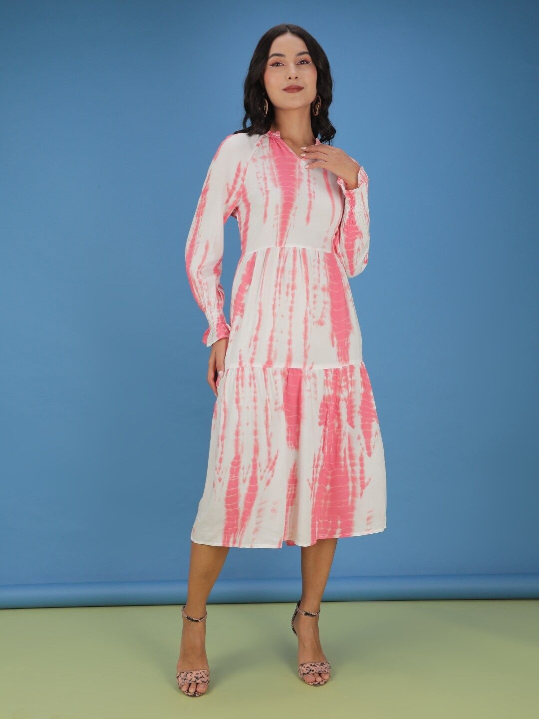 Multi Dyed V Neck Tiered Midi Dress