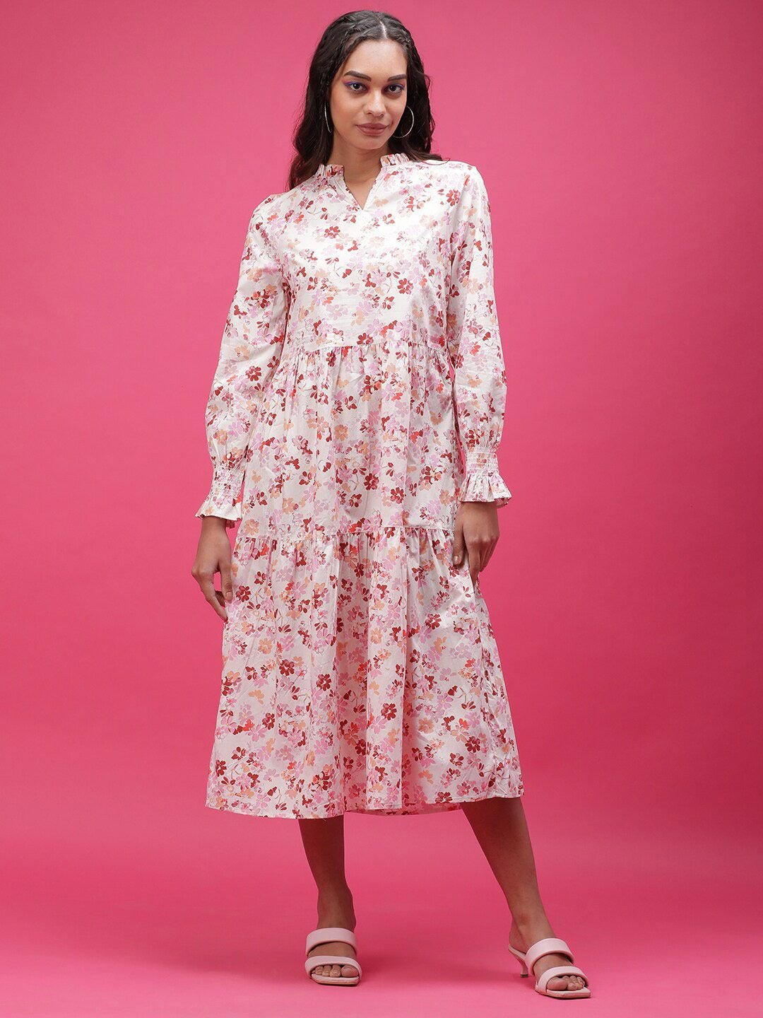 Multi Printed V Neck Tiered Midi Dress