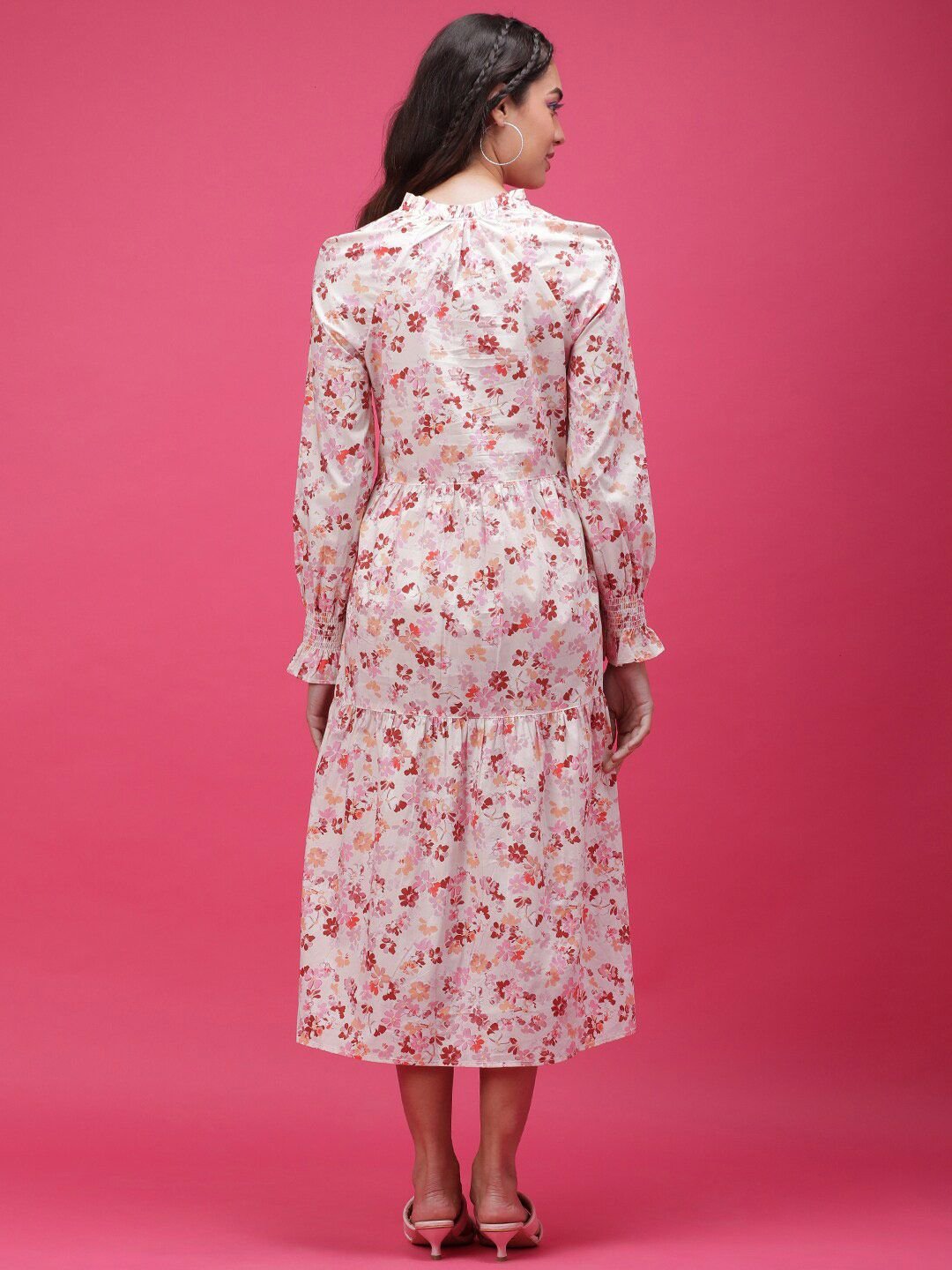 Multi Printed V Neck Tiered Midi Dress