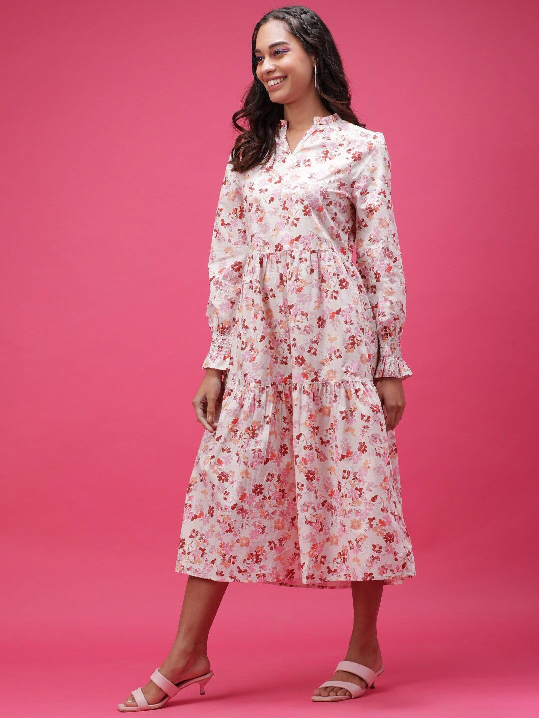 Multi Printed V Neck Tiered Midi Dress