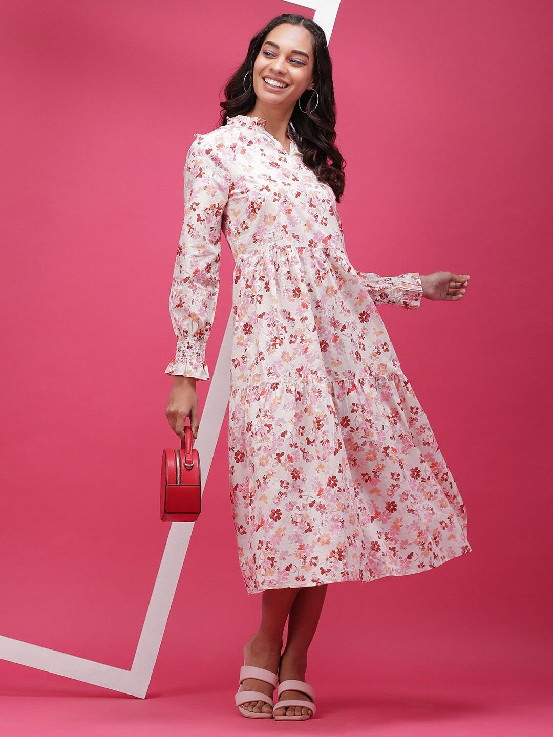 Multi Printed V Neck Tiered Midi Dress