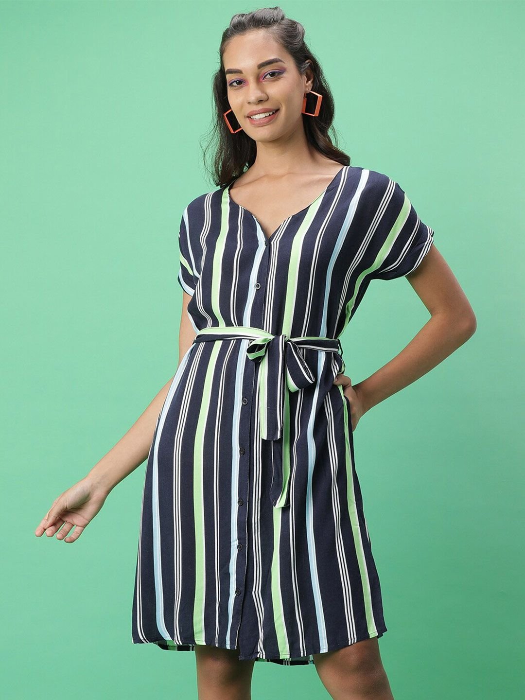 Multi Striped V Neck Shirt Mini Dress