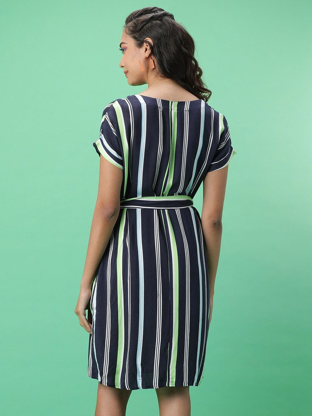 Multi Striped V Neck Shirt Mini Dress