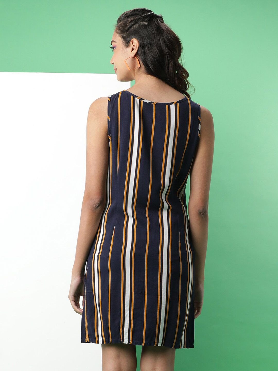 Dark Blue Striped V Neck A-Line Mini Dress