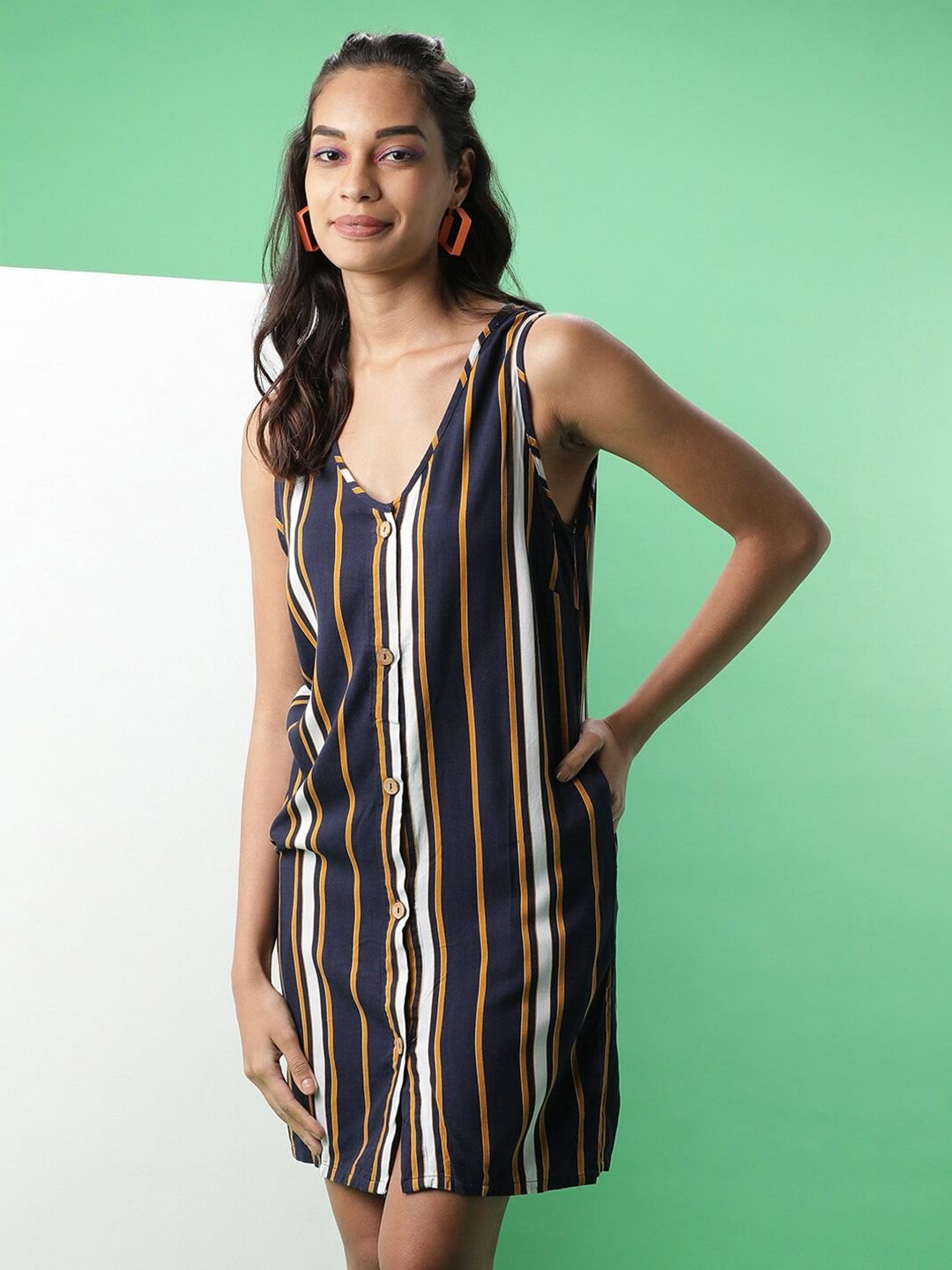 Dark Blue Striped V Neck A-Line Mini Dress
