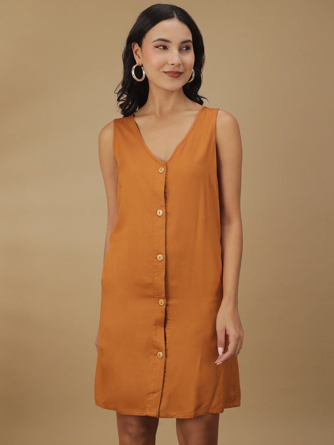 Mustard Solid V Neck A-Line Mini Dress