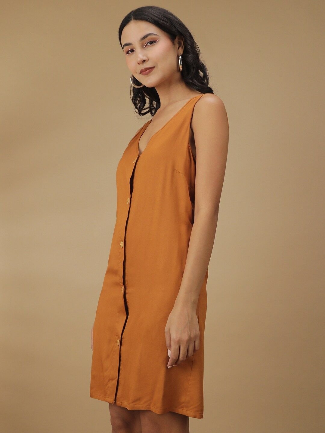 Mustard Solid V Neck A-Line Mini Dress