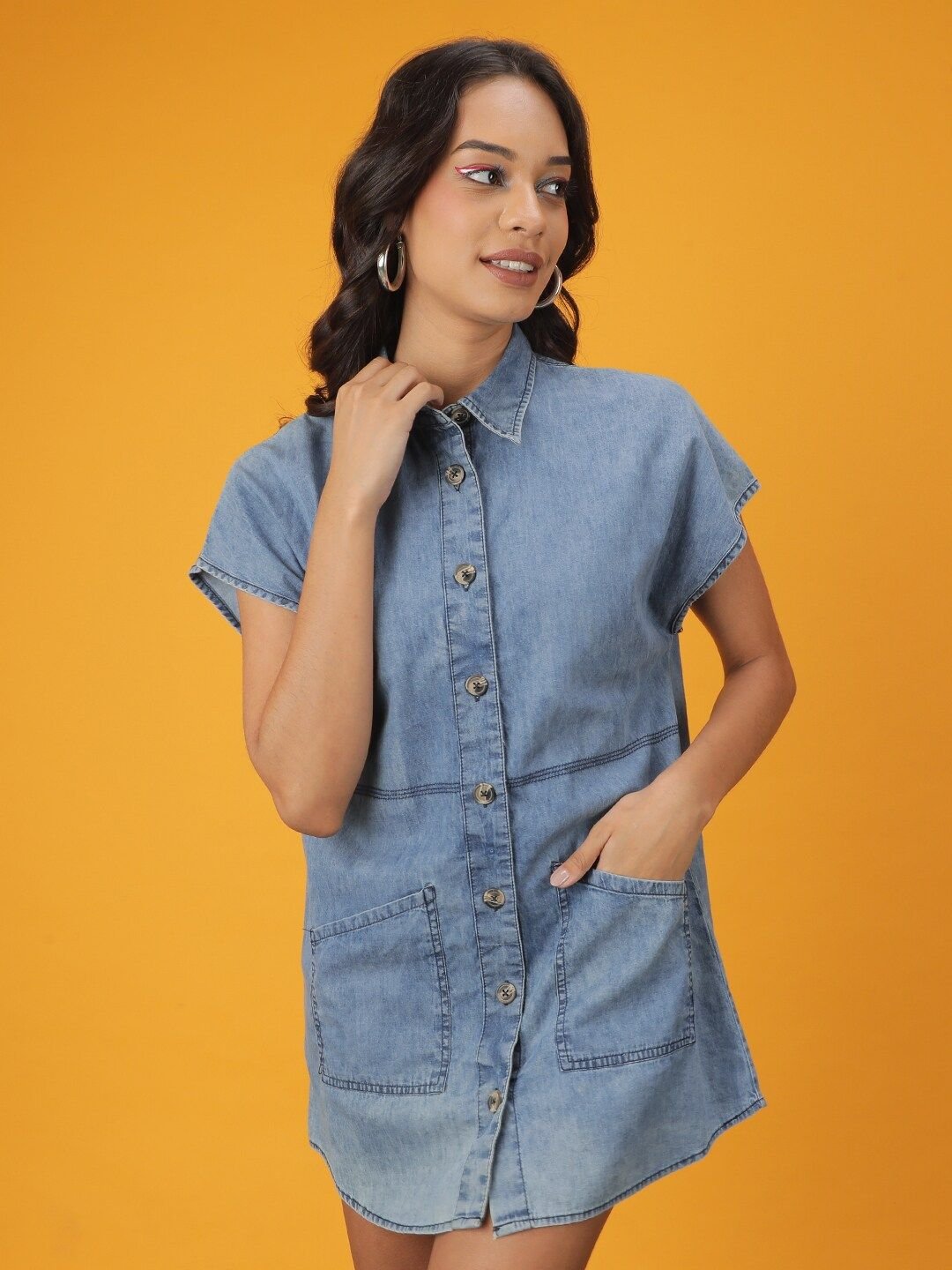 Blue Solid Collared Shirt Mini Dress