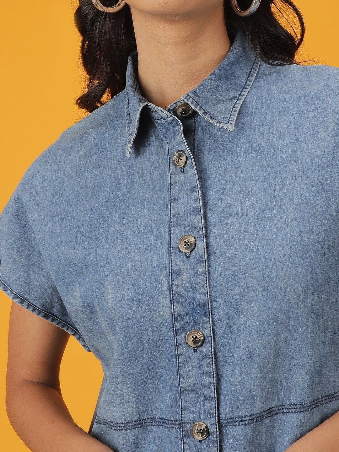 Blue Solid Collared Shirt Mini Dress