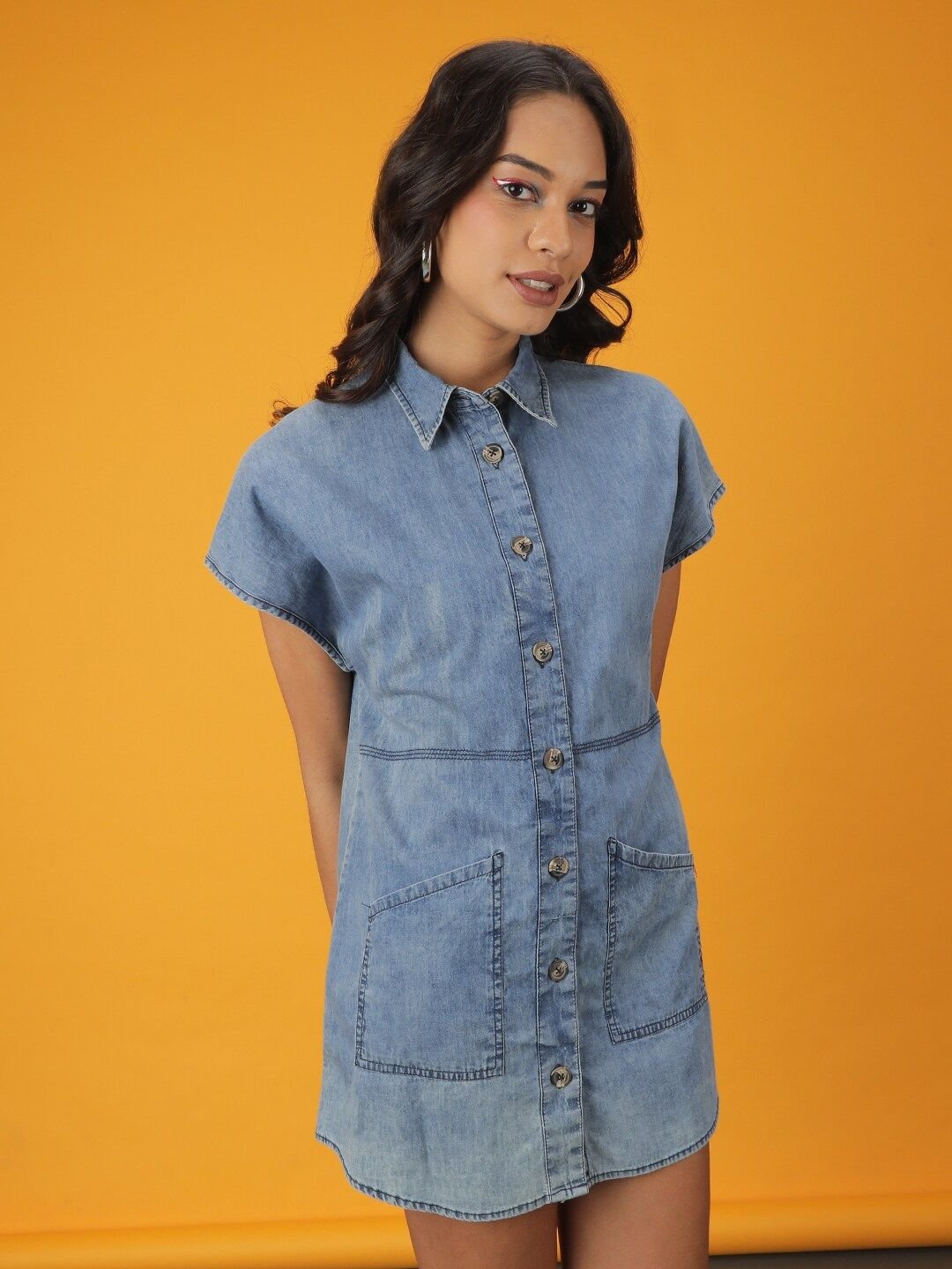 Blue Solid Collared Shirt Mini Dress