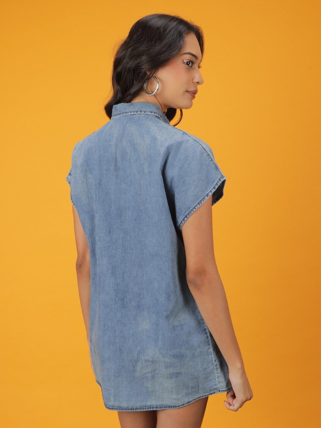 Blue Solid Collared Shirt Mini Dress
