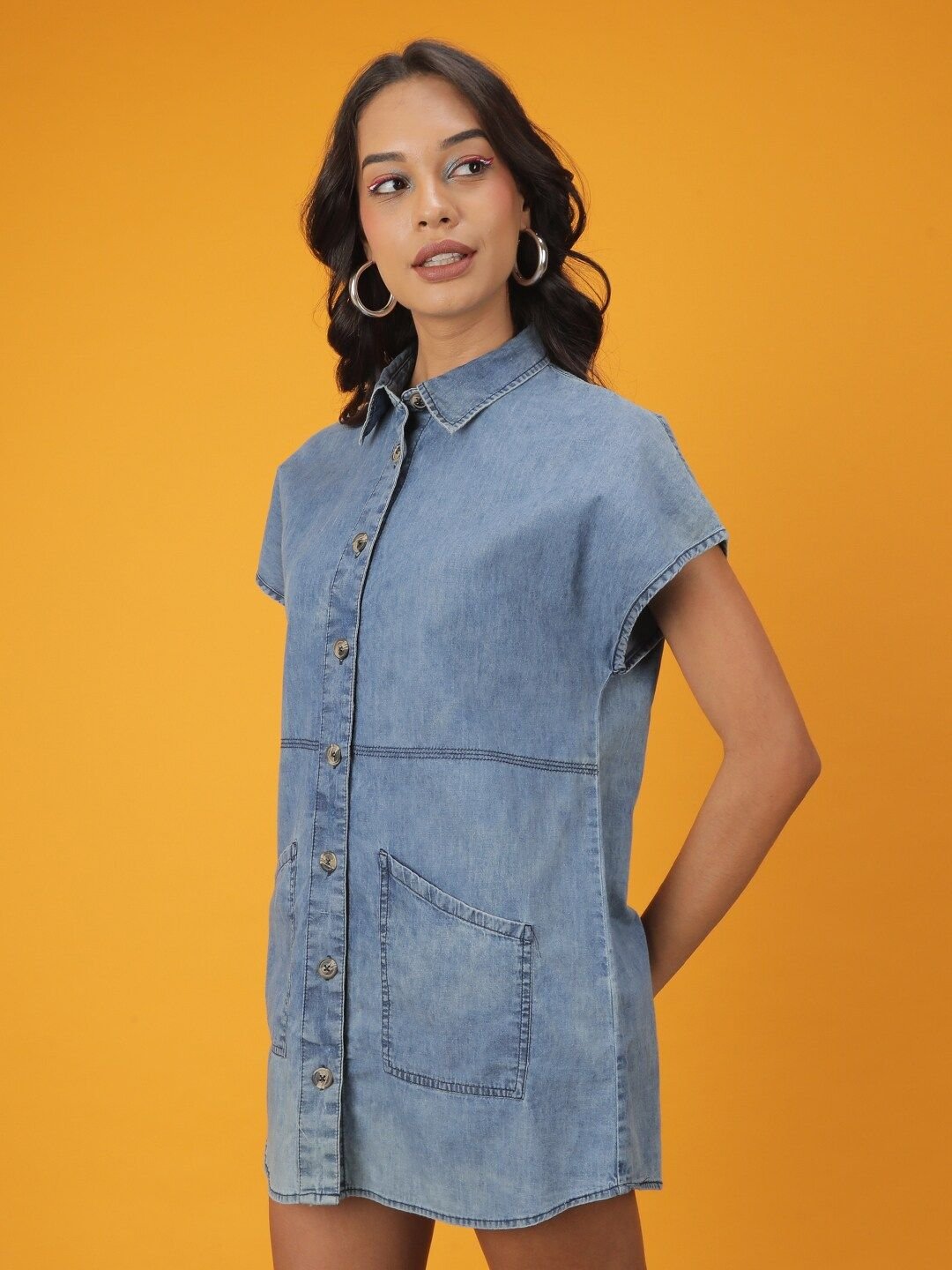 Blue Solid Collared Shirt Mini Dress