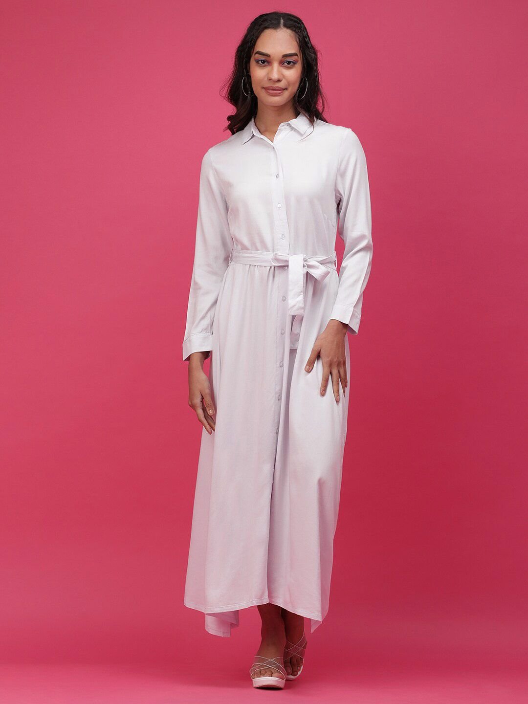 White Solid Collared Shirt Maxi Dress