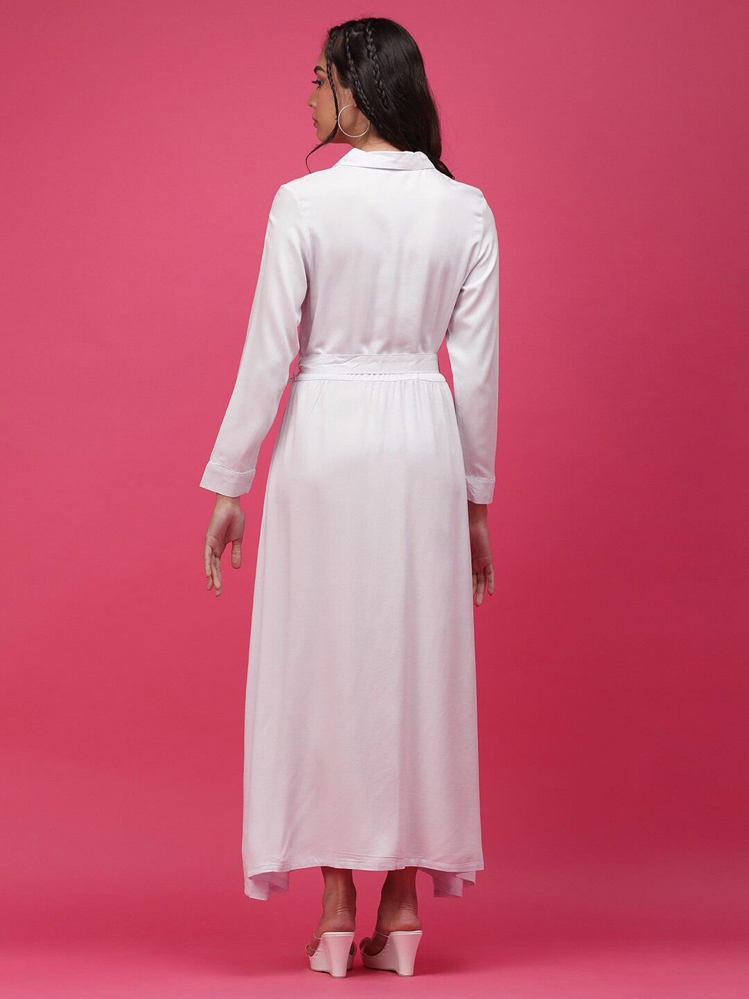 White Solid Collared Shirt Maxi Dress