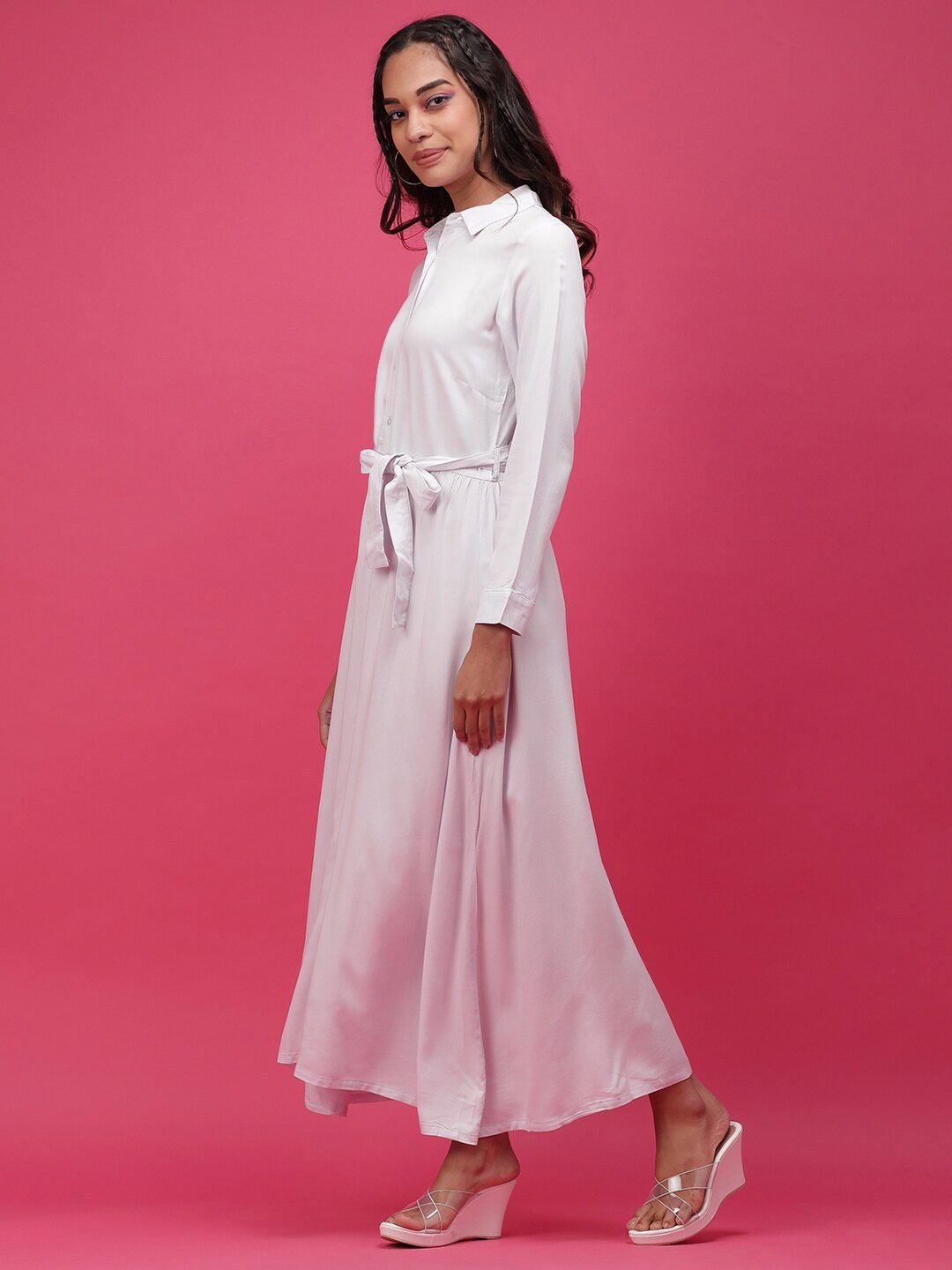 White Solid Collared Shirt Maxi Dress