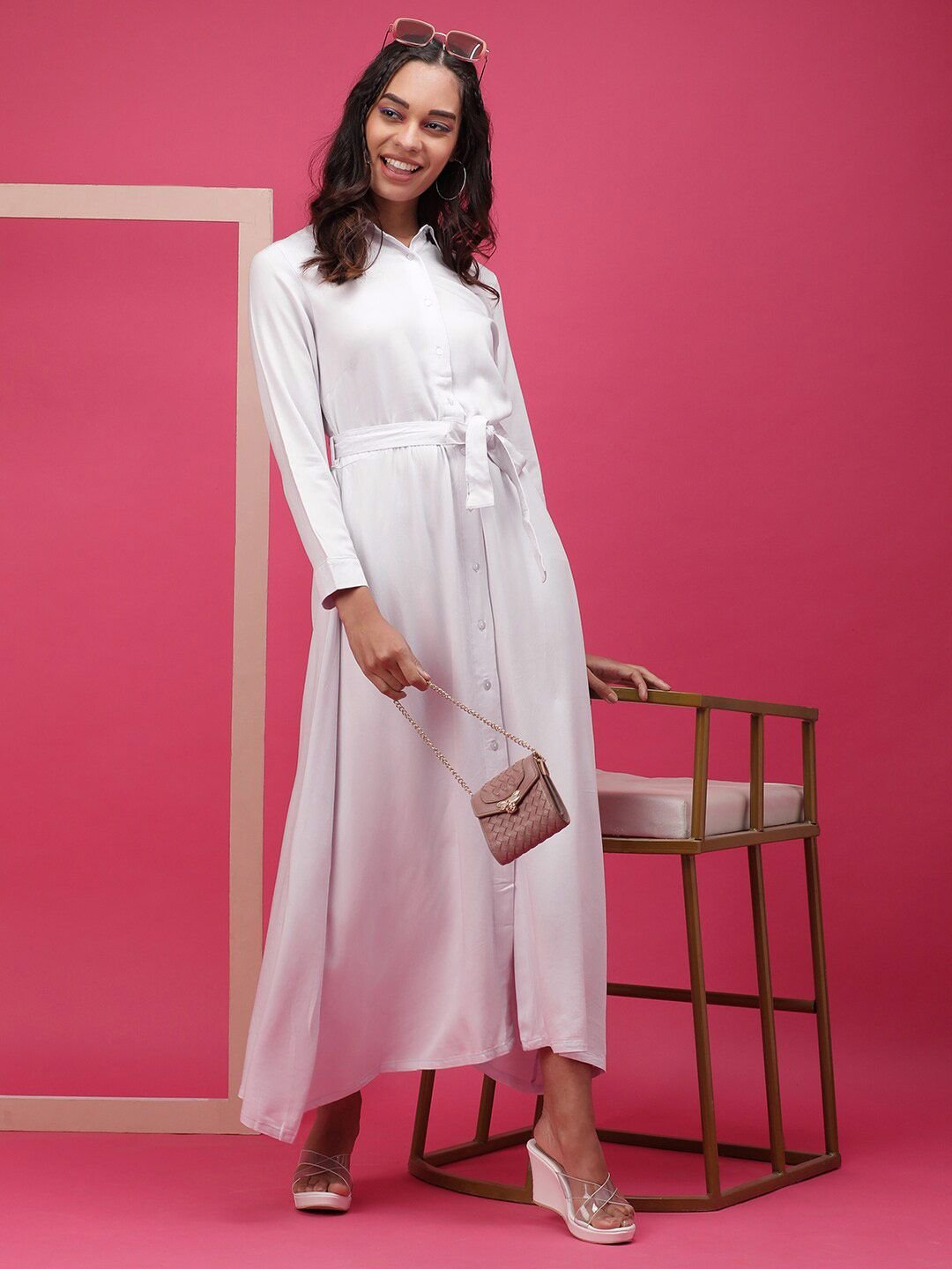 White Solid Collared Shirt Maxi Dress