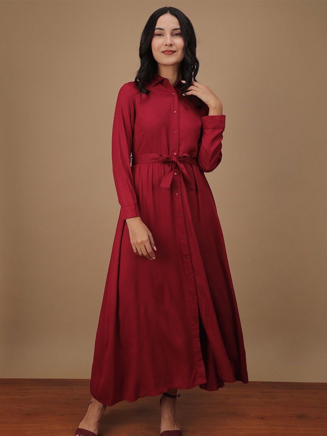 Burgundy Solid Collared A-Line Maxi Dress