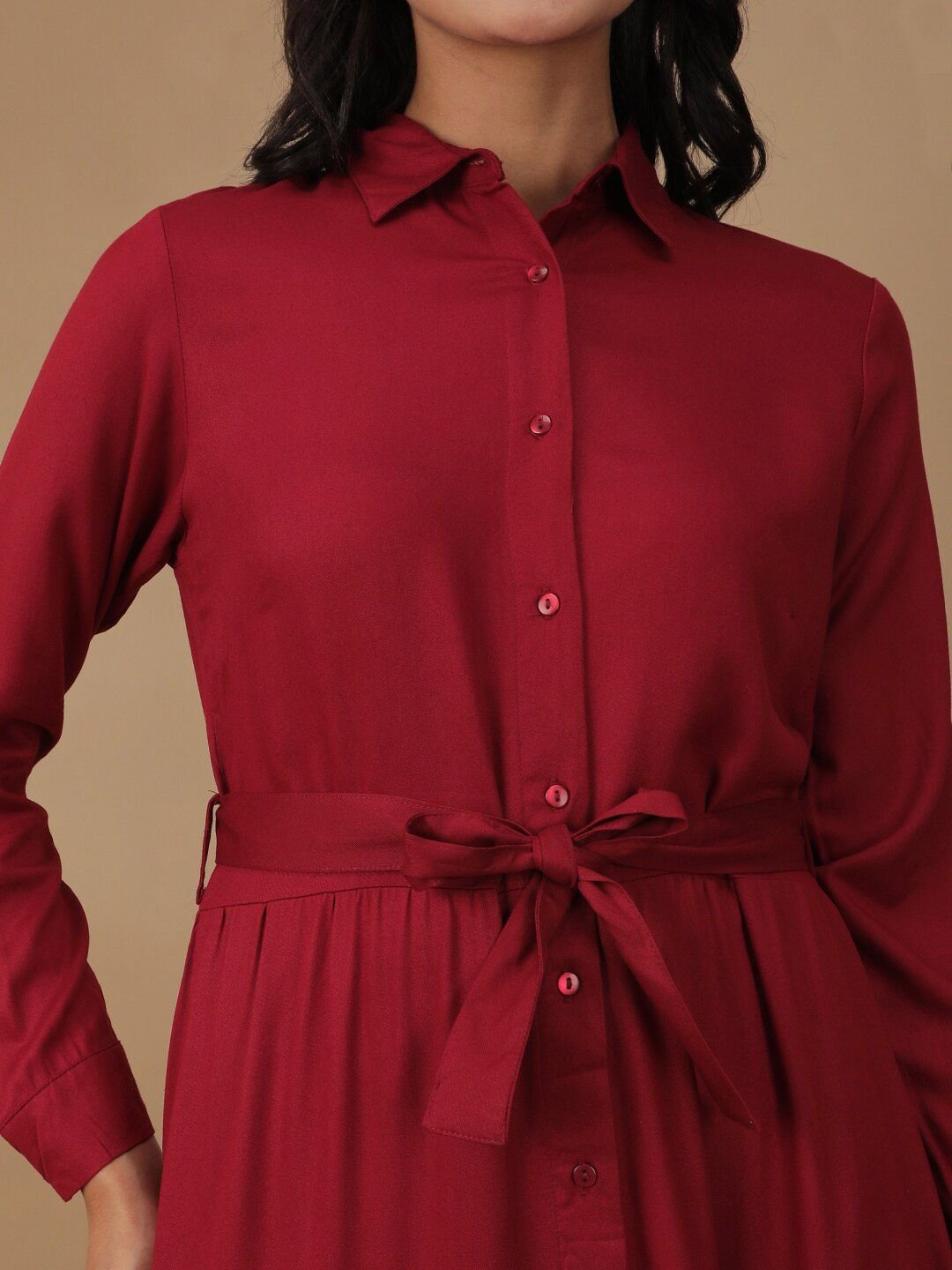Burgundy Solid Collared A-Line Maxi Dress