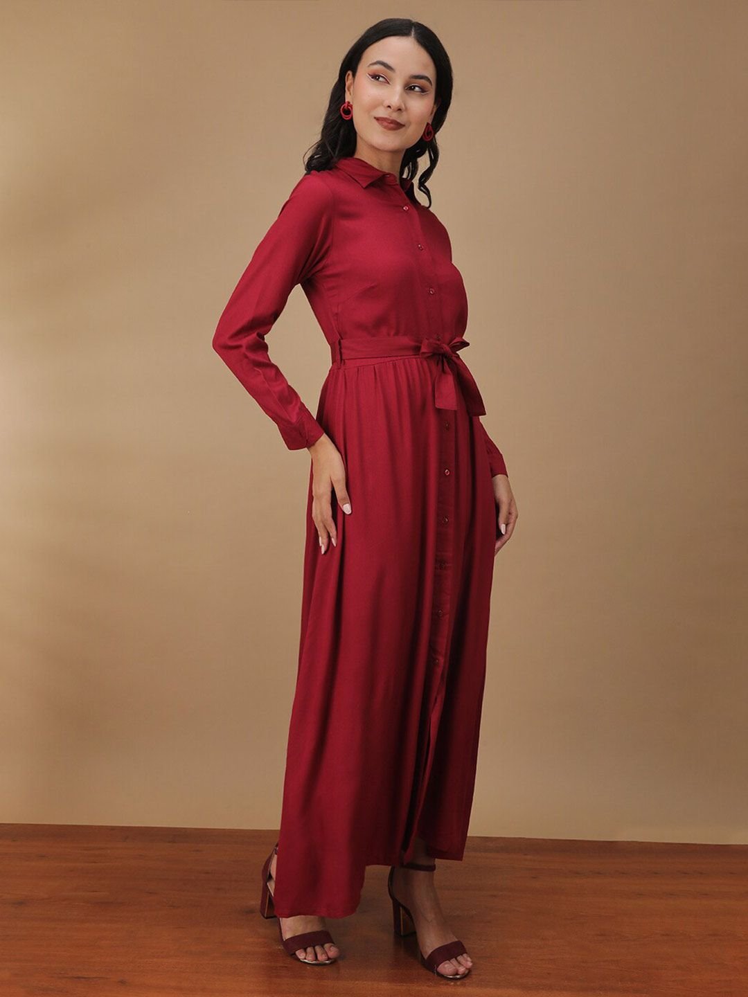 Burgundy Solid Collared A-Line Maxi Dress