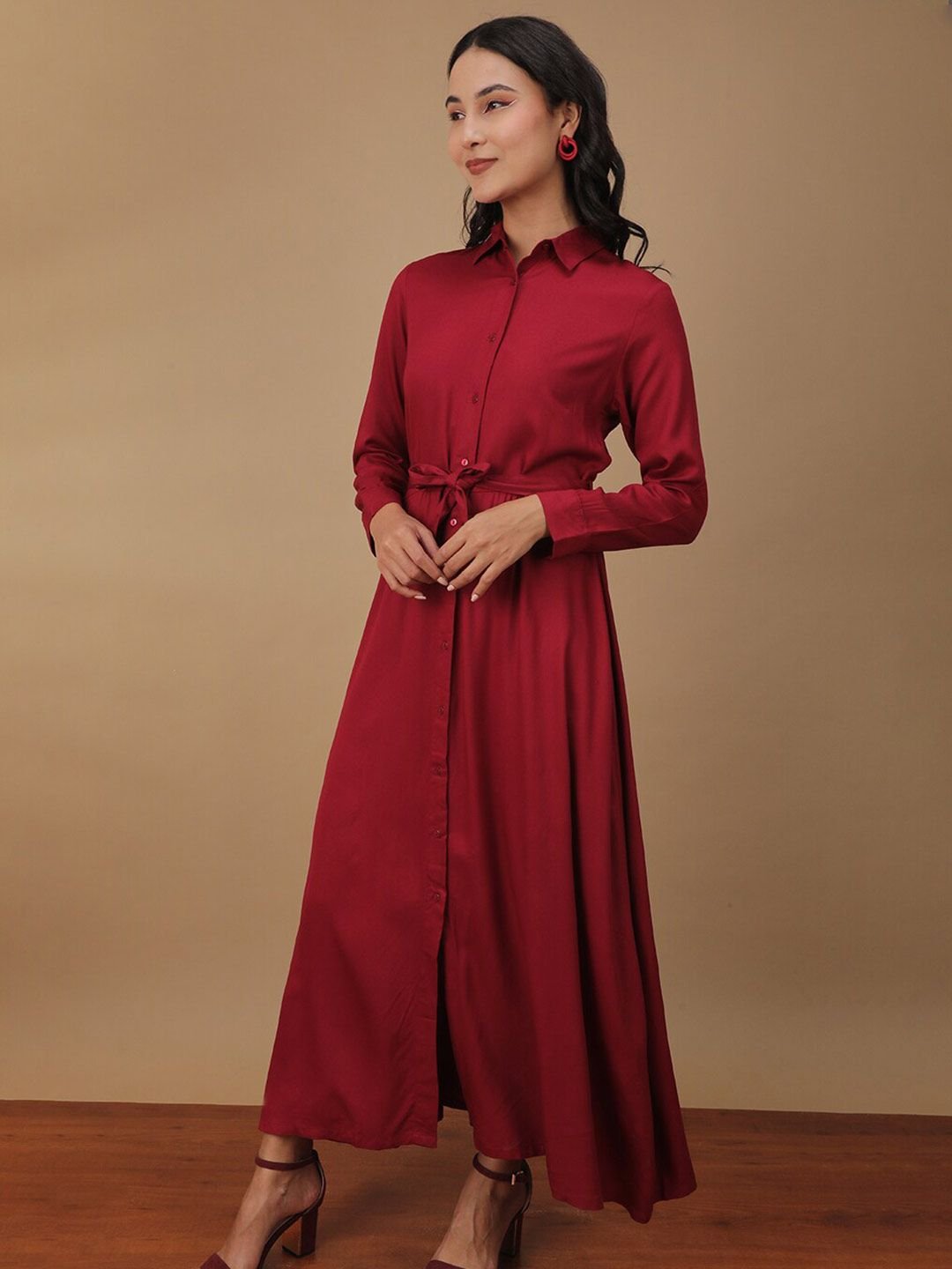 Burgundy Solid Collared A-Line Maxi Dress