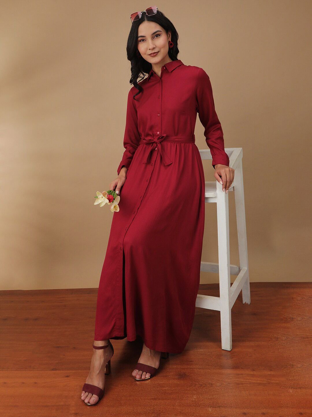 Burgundy Solid Collared A-Line Maxi Dress