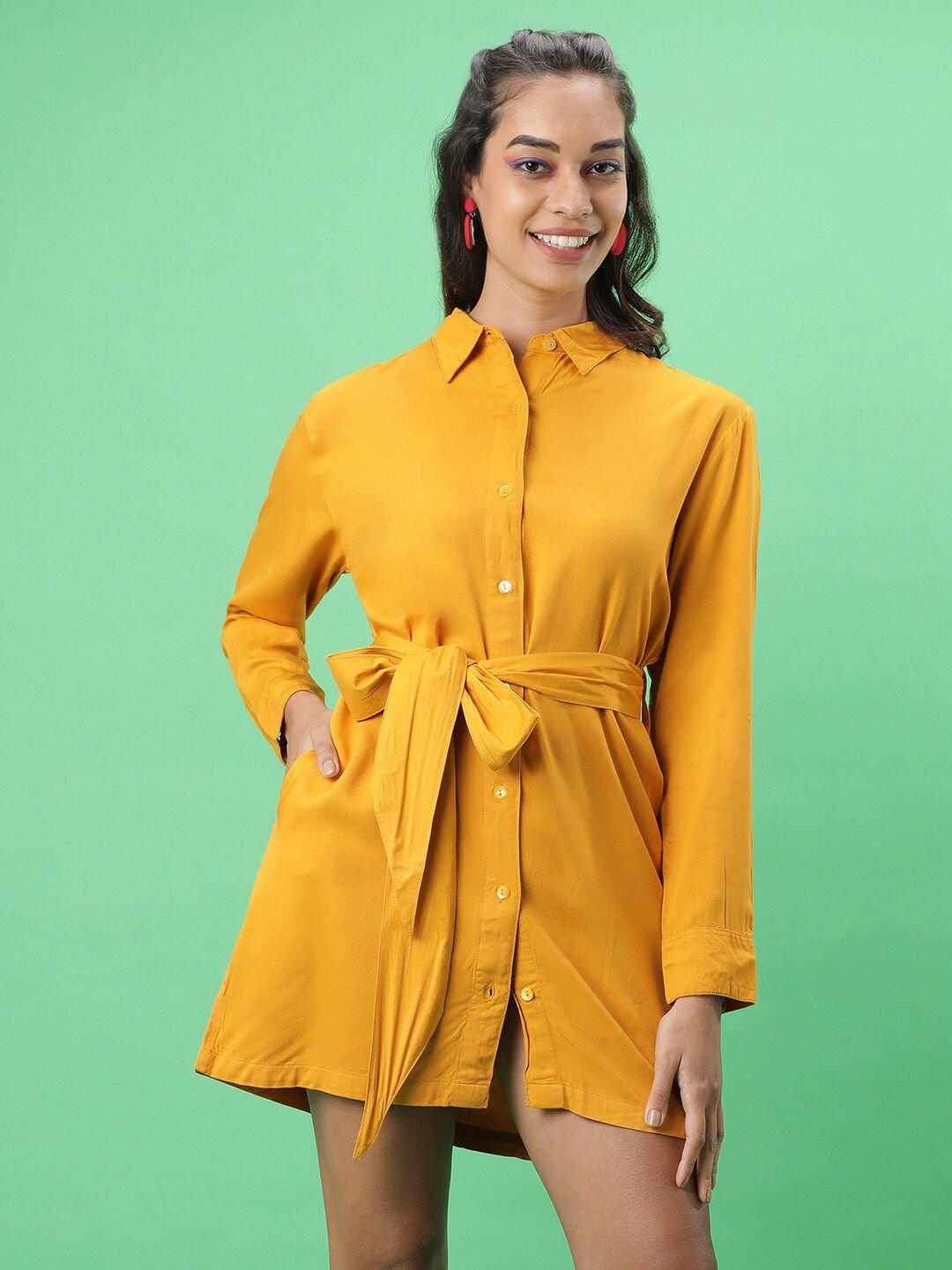 Mustard Solid Collared Shirt Mini Dress