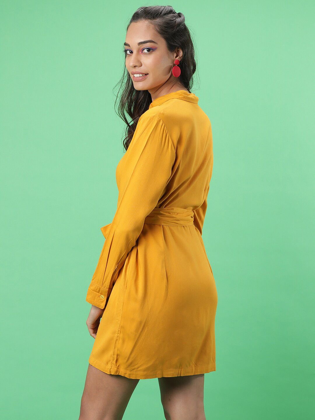 Mustard Solid Collared Shirt Mini Dress