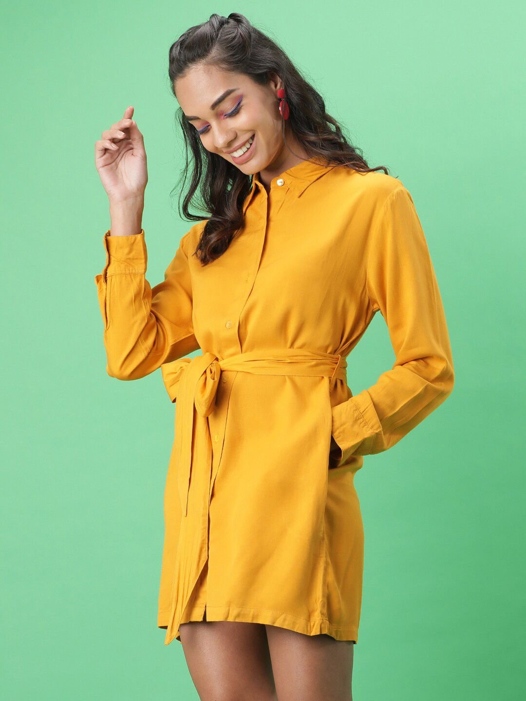 Mustard Solid Collared Shirt Mini Dress