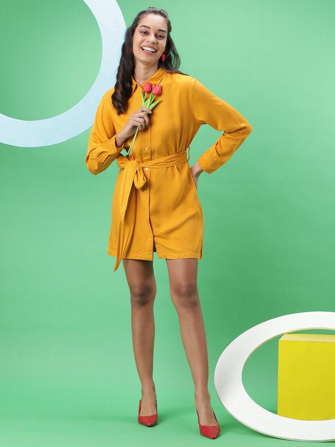 Mustard Solid Collared Shirt Mini Dress