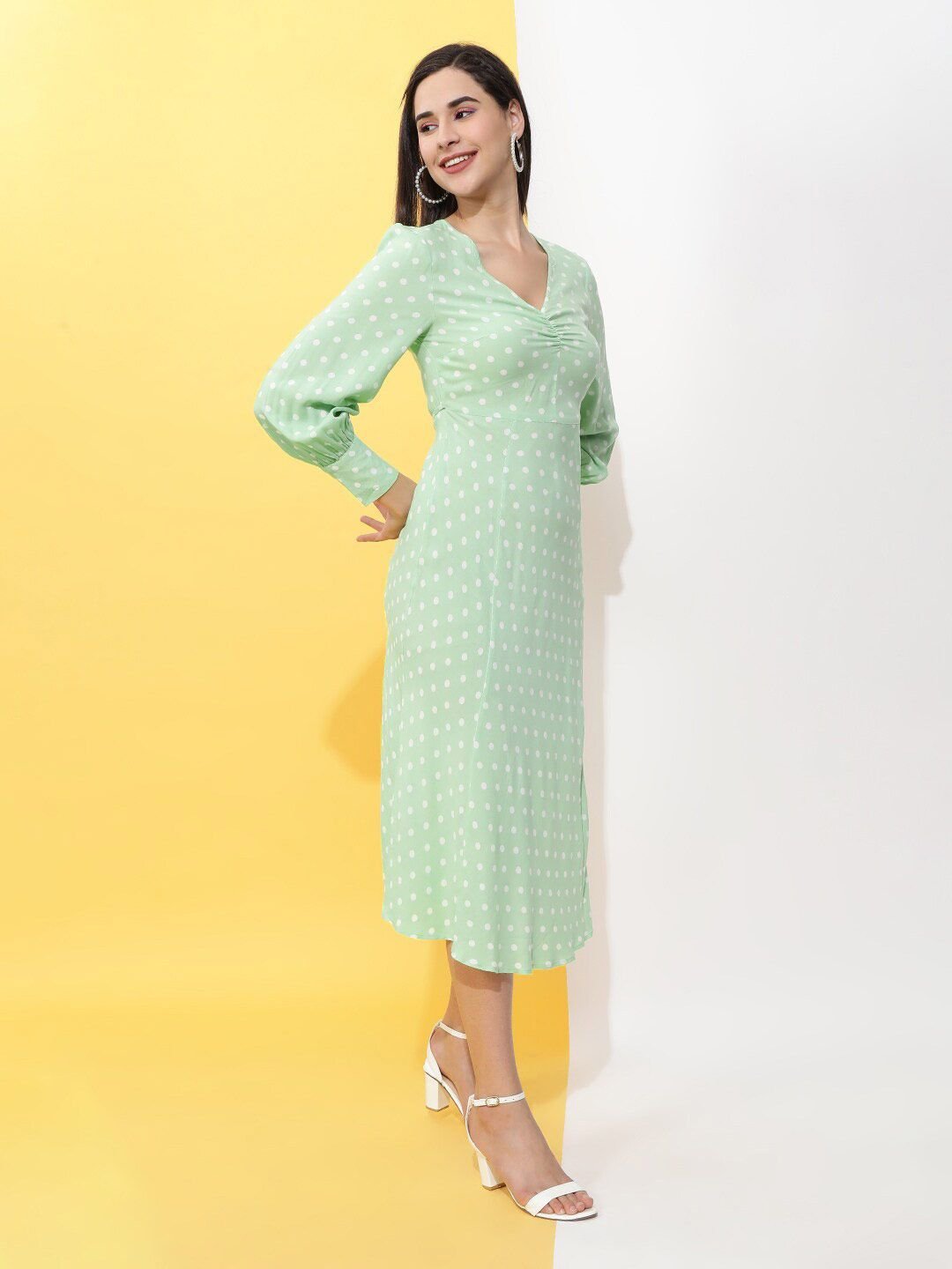 Green Printed V Neck A-Line Midi Dress
