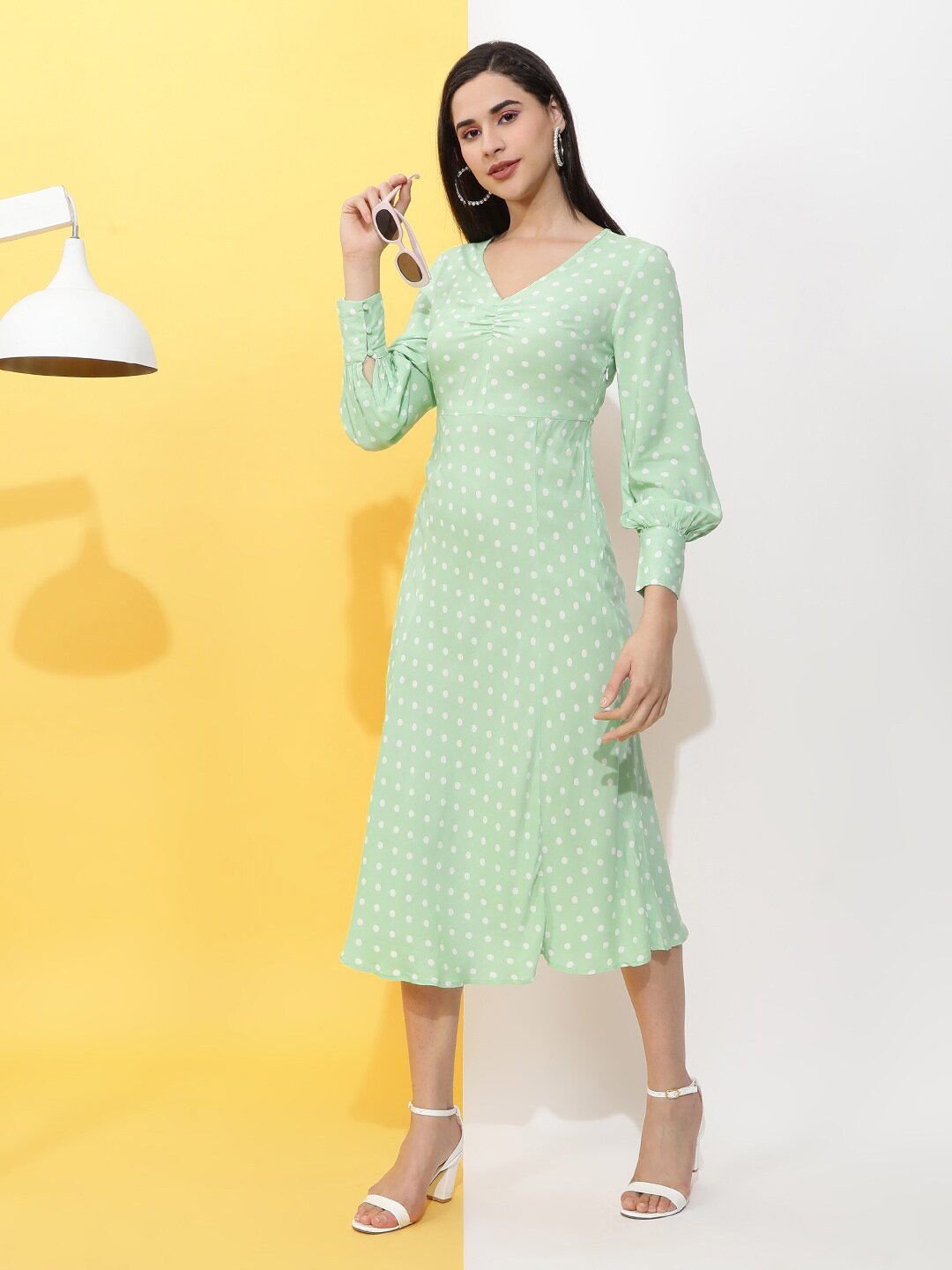 Green Printed V Neck A-Line Midi Dress