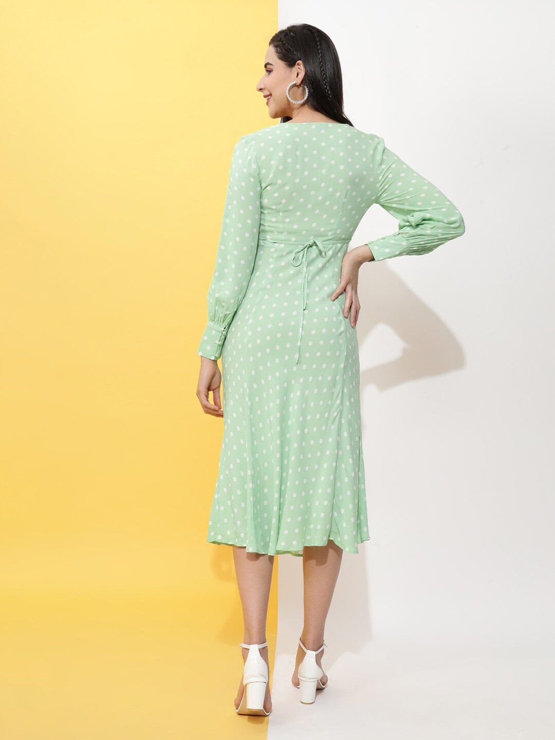 Green Printed V Neck A-Line Midi Dress