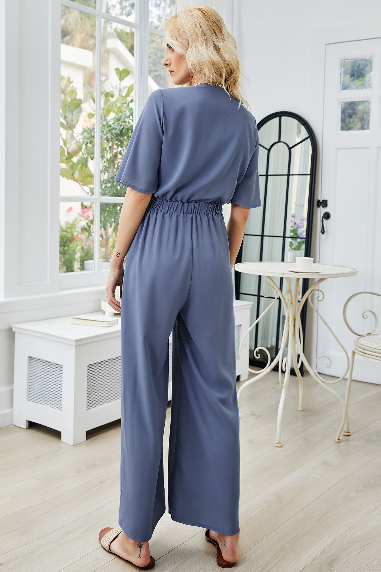 Blue Wide-Leg Jumpsuit with Tie-Front Top