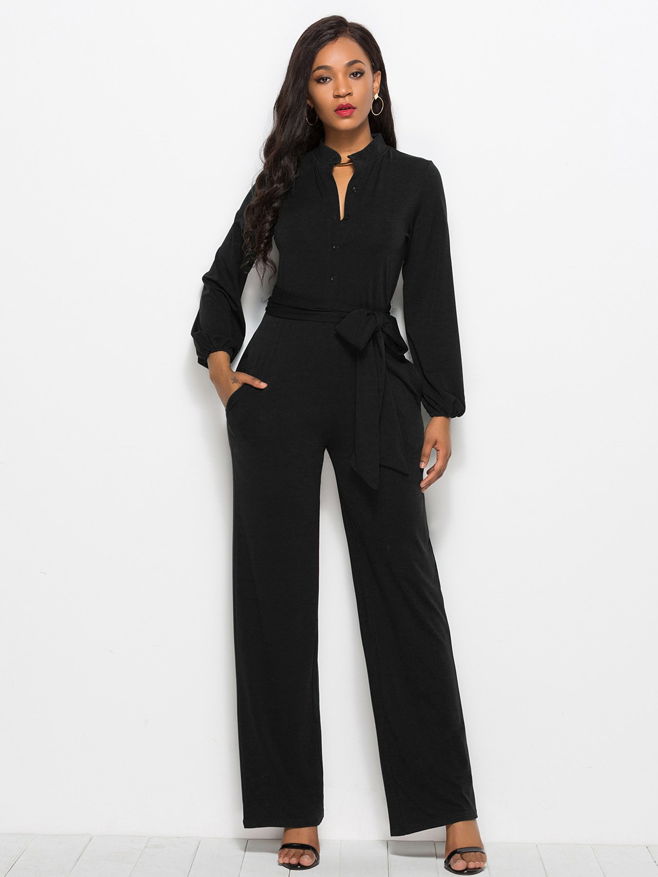 Black Plain Jumsuit with Waist Tie