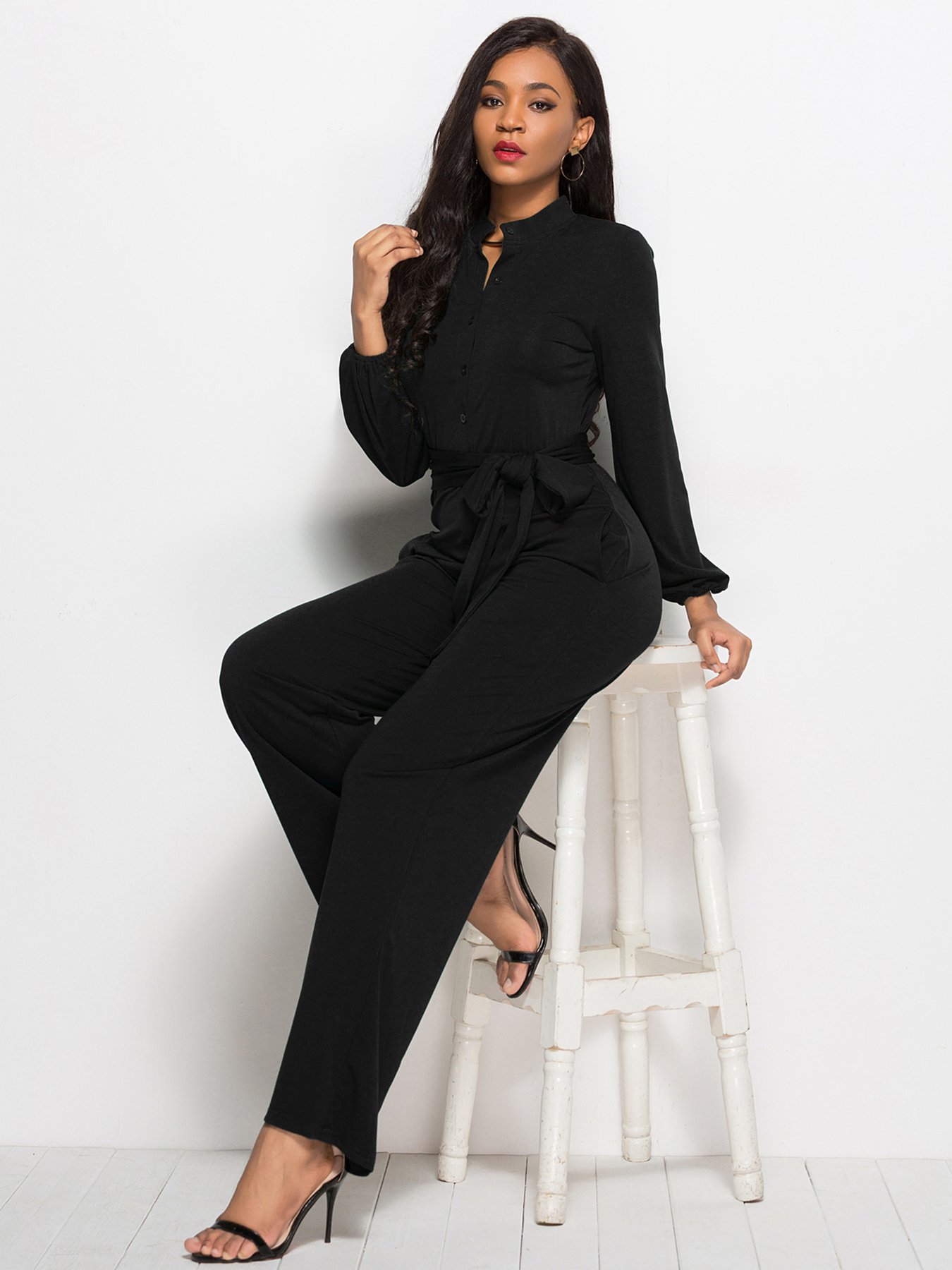 Black Plain Jumsuit with Waist Tie