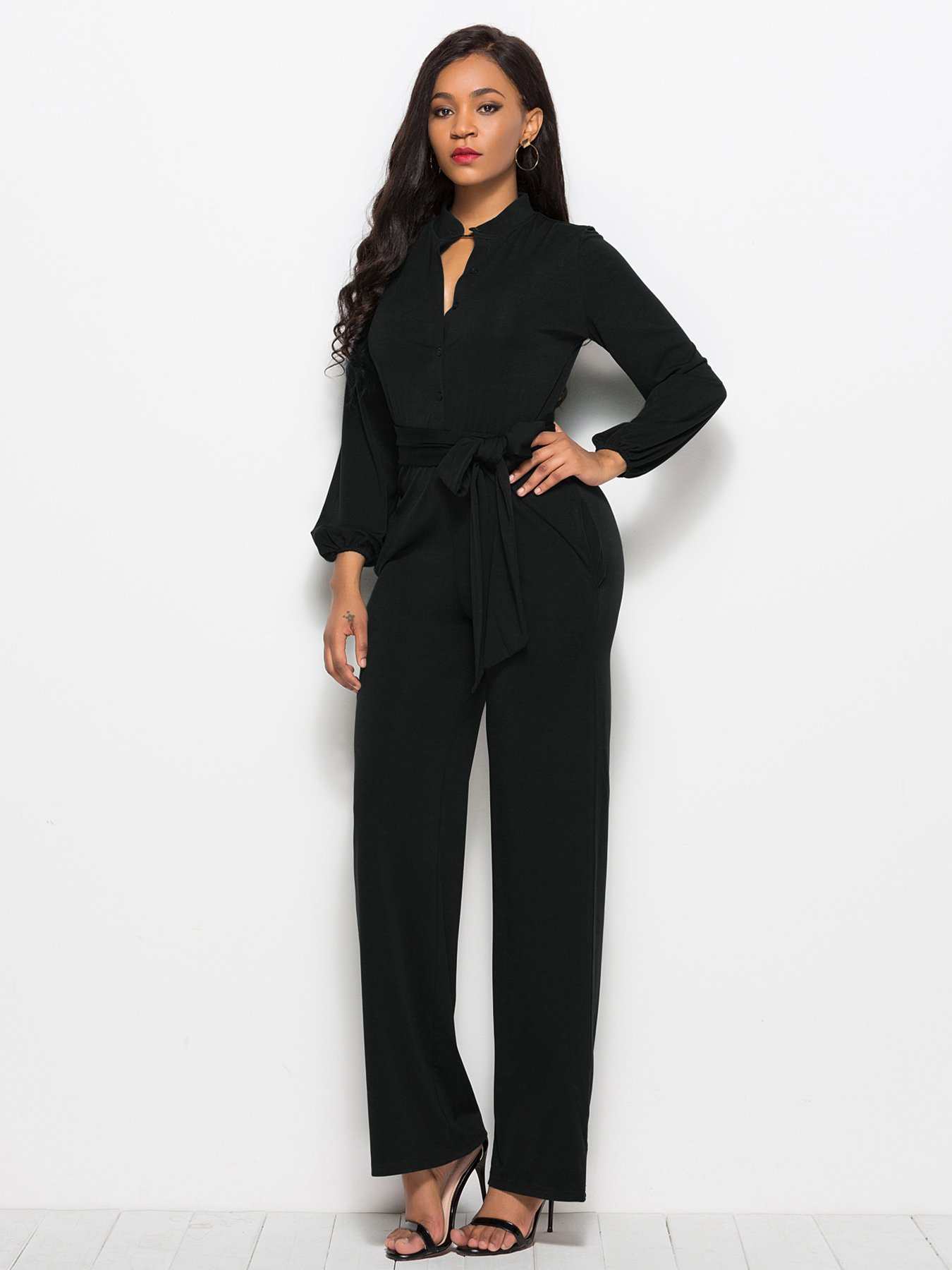 Black Plain Jumsuit with Waist Tie
