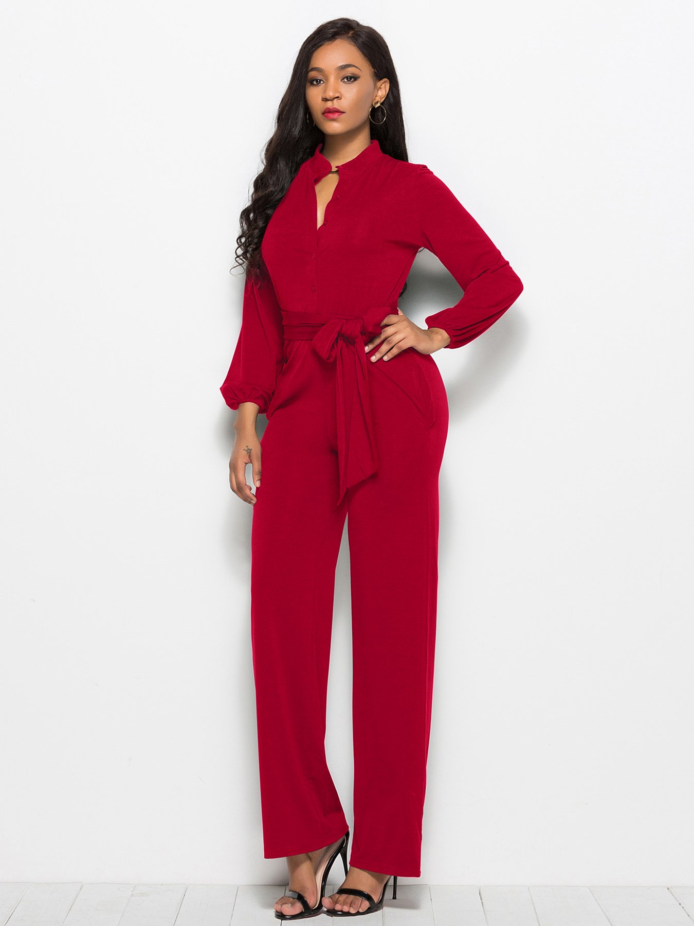 Red Plain Long Sleeve Jumpsuit