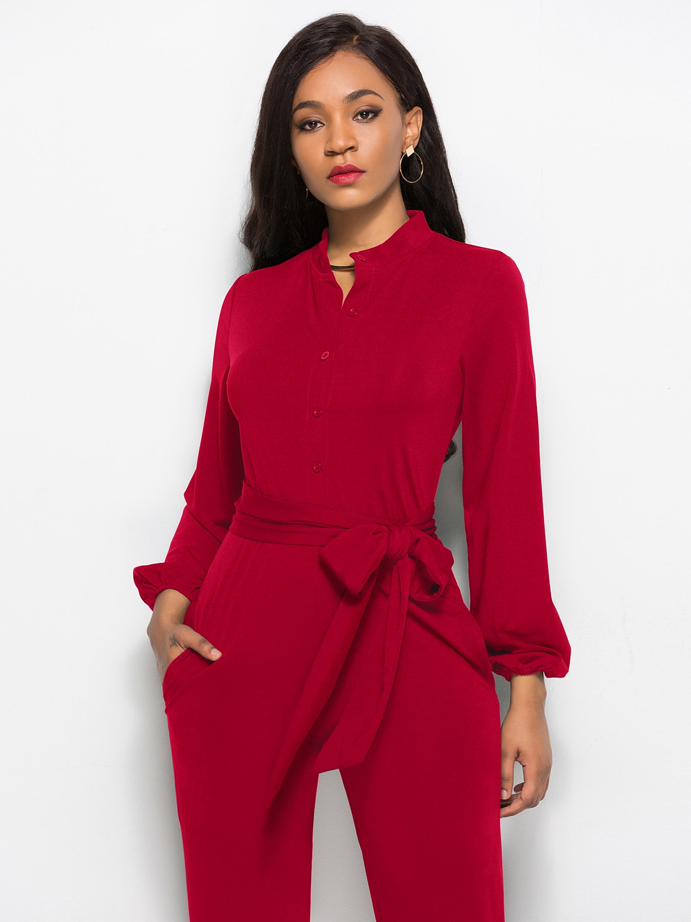 Red Plain Long Sleeve Jumpsuit