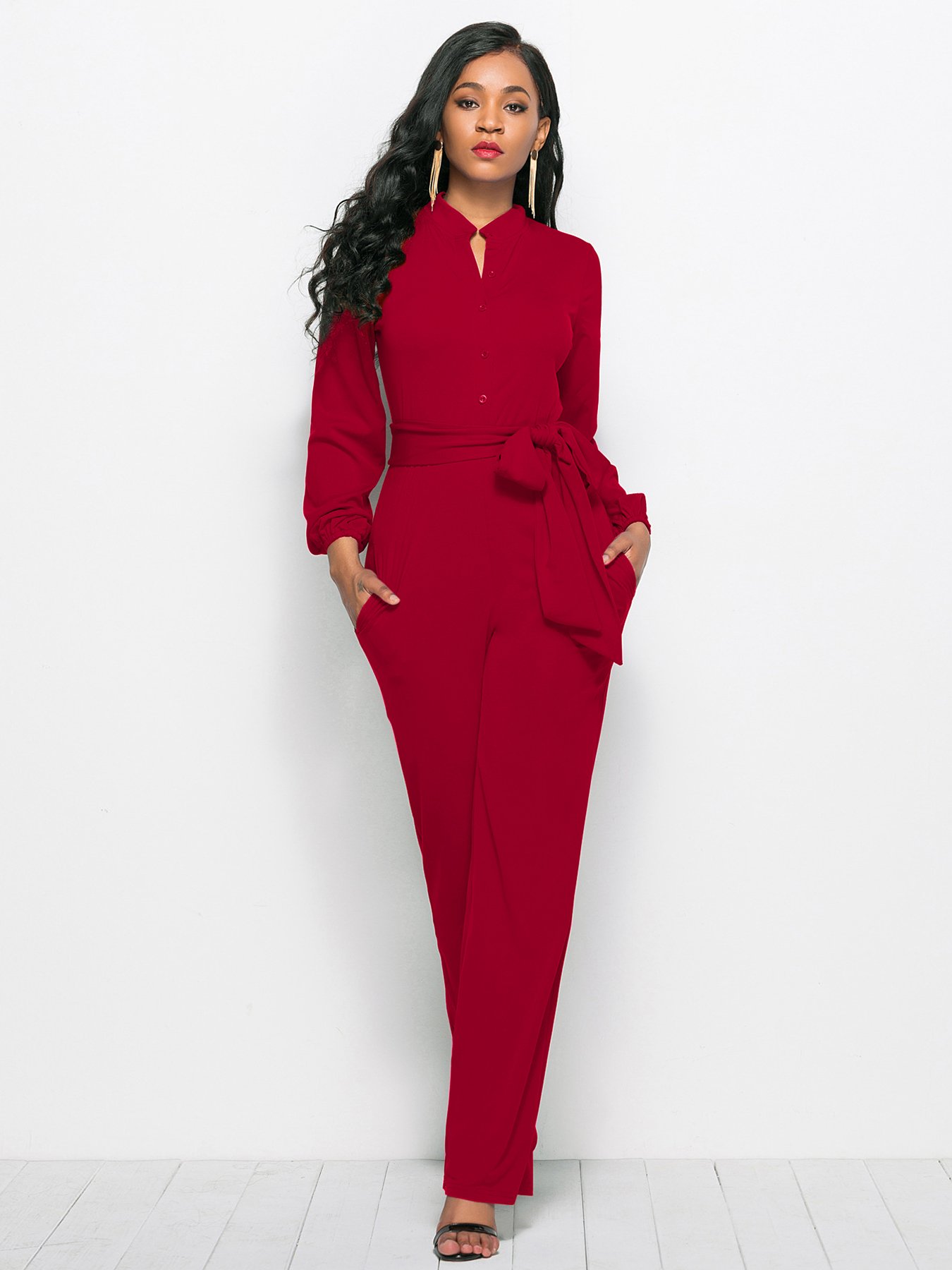 Red Plain Long Sleeve Jumpsuit