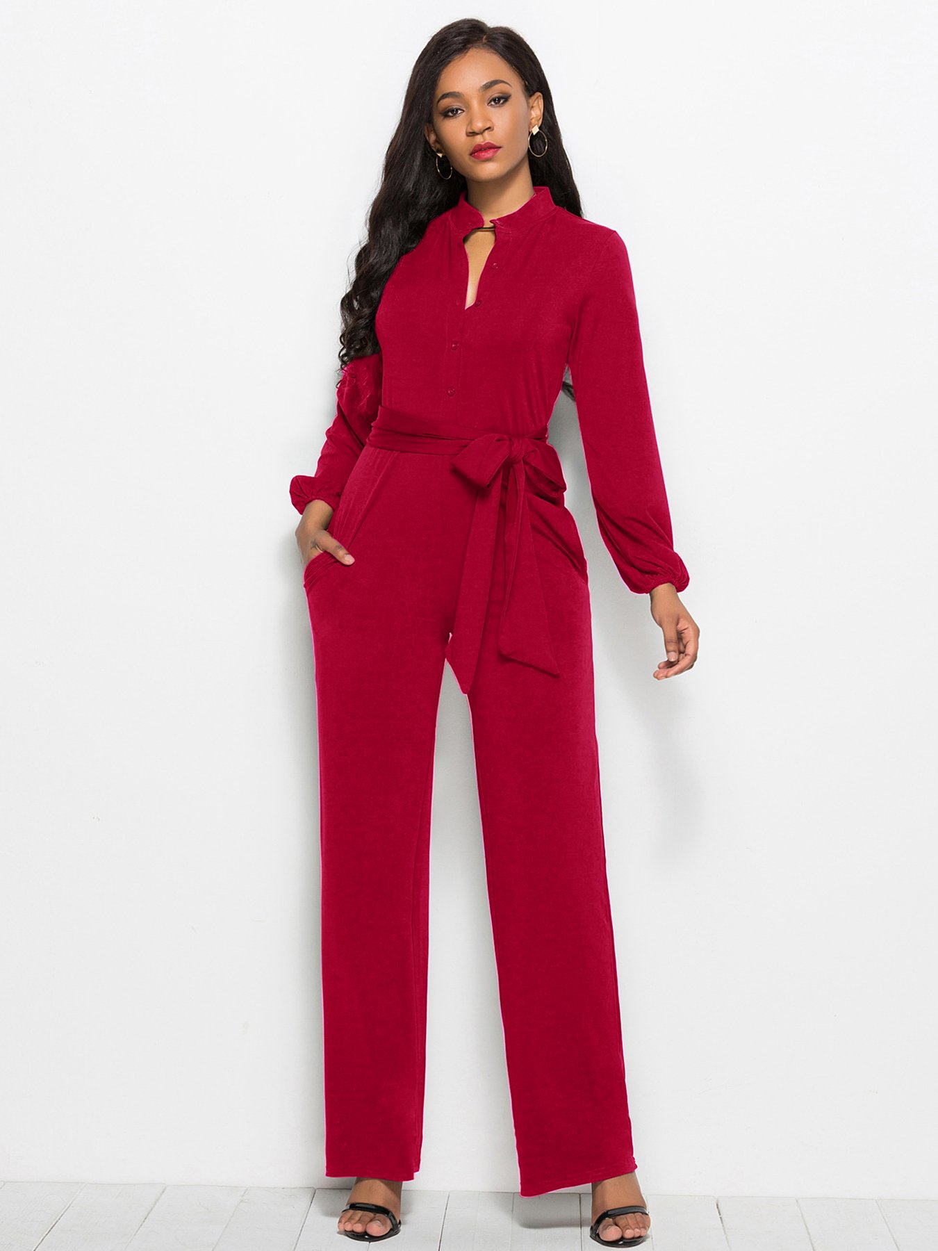Red Plain Long Sleeve Jumpsuit