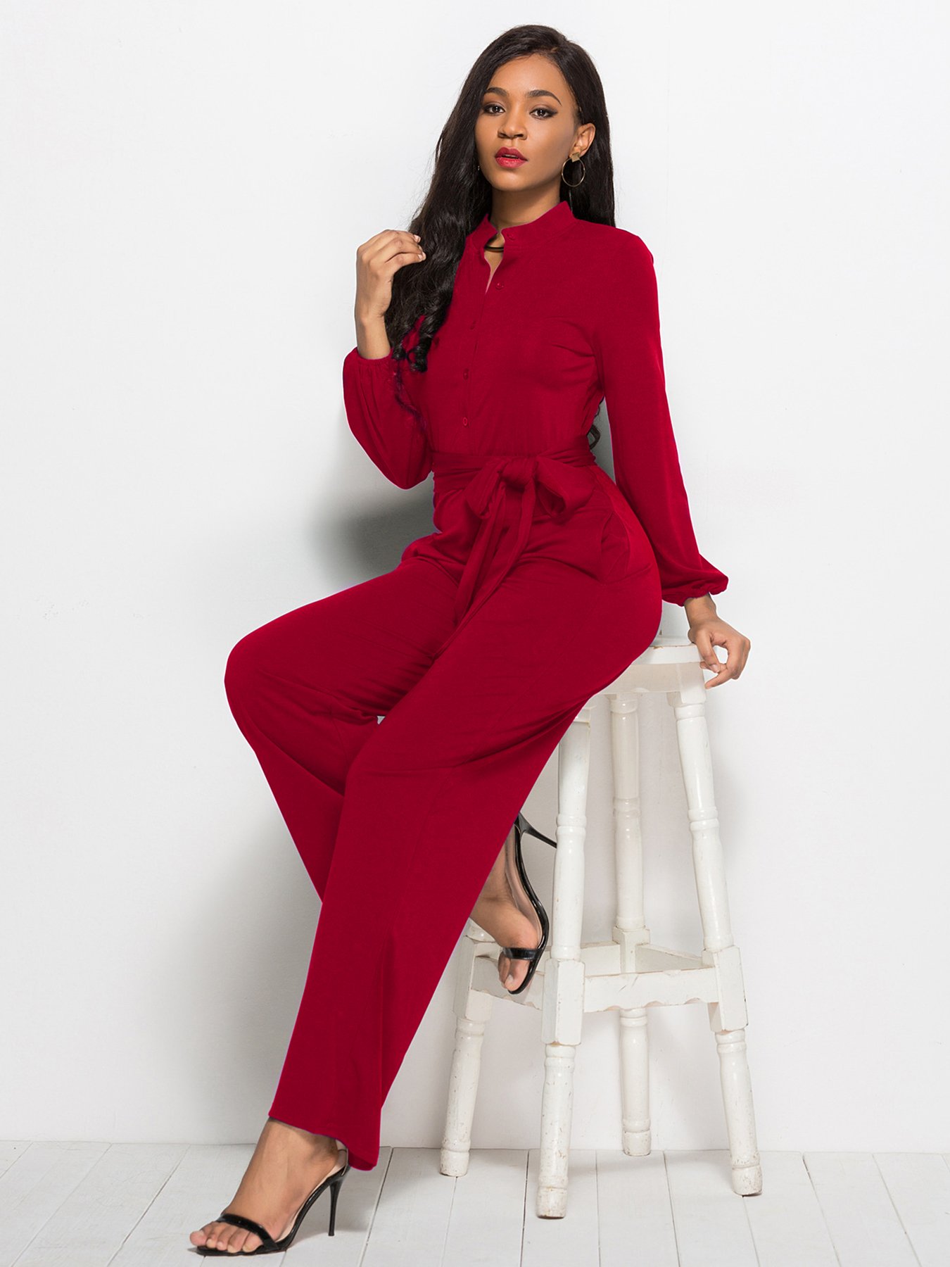 Red Plain Long Sleeve Jumpsuit