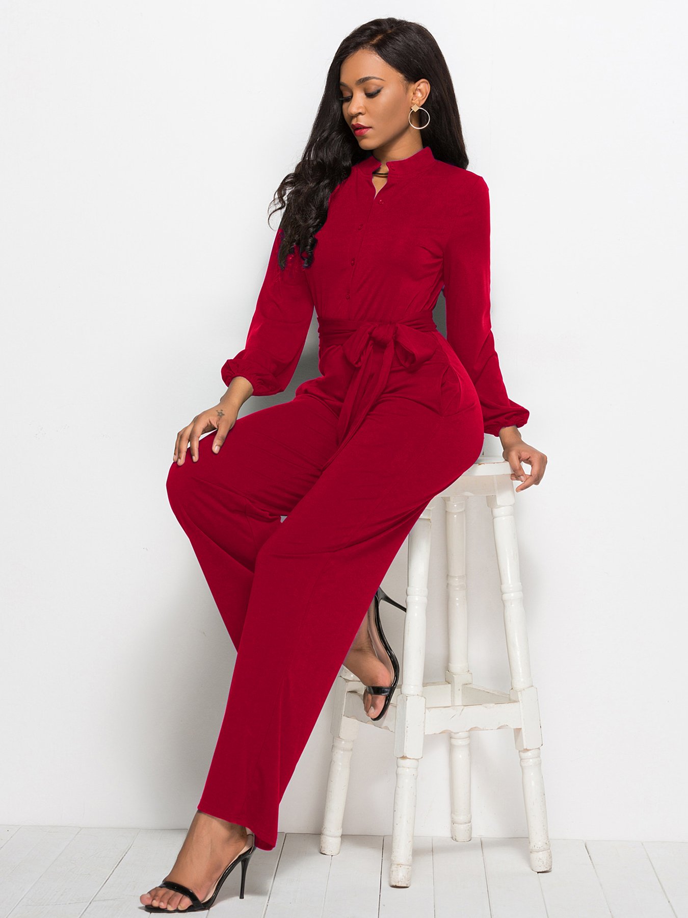 Red Plain Long Sleeve Jumpsuit