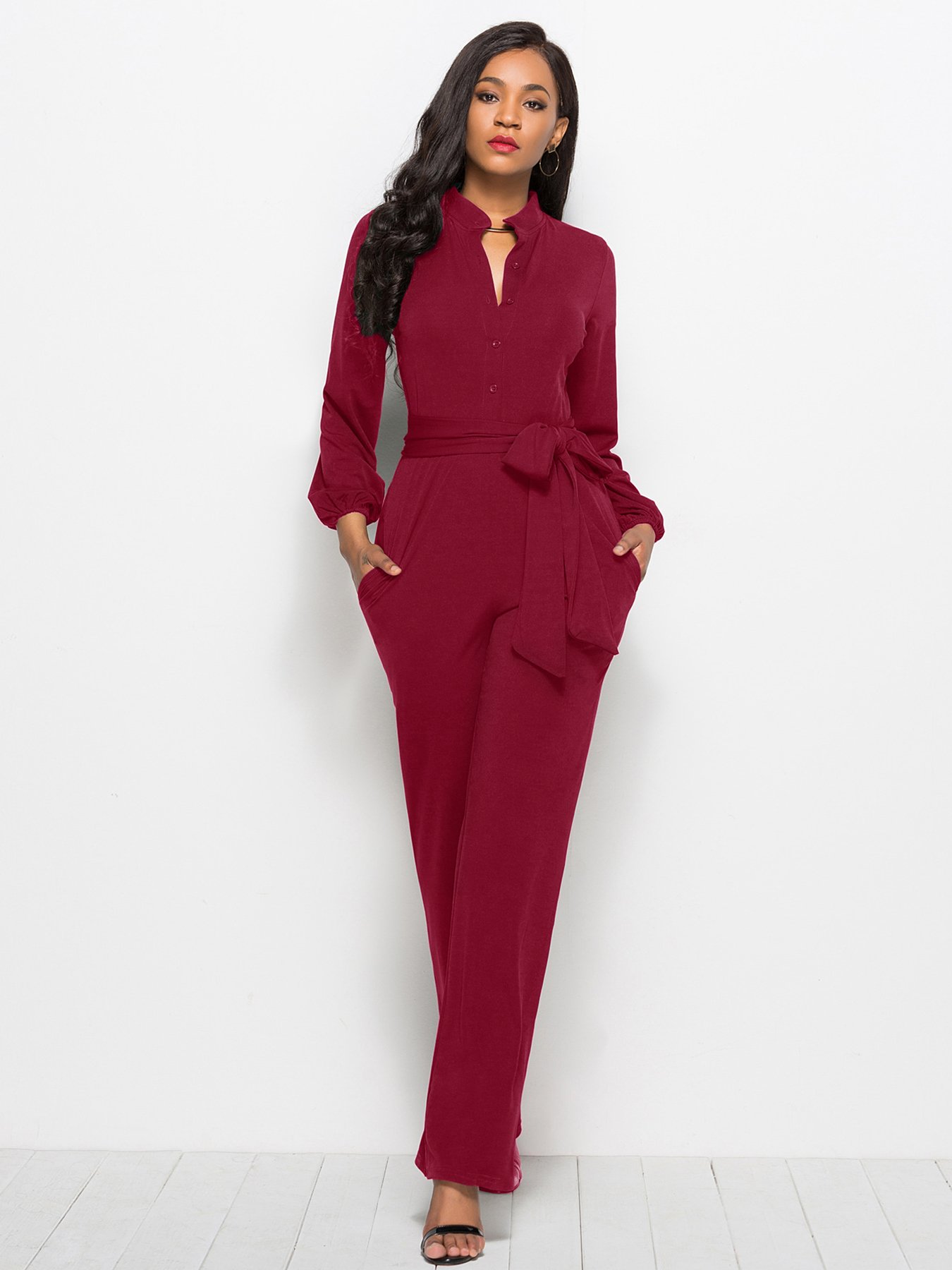 Burgundy Plain Long Sleeve Jumpsuit with Belt