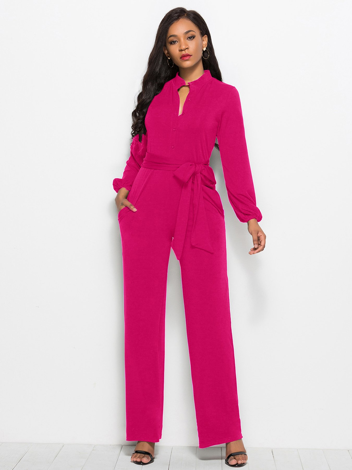 Pink Plain Belted Jumpsuit