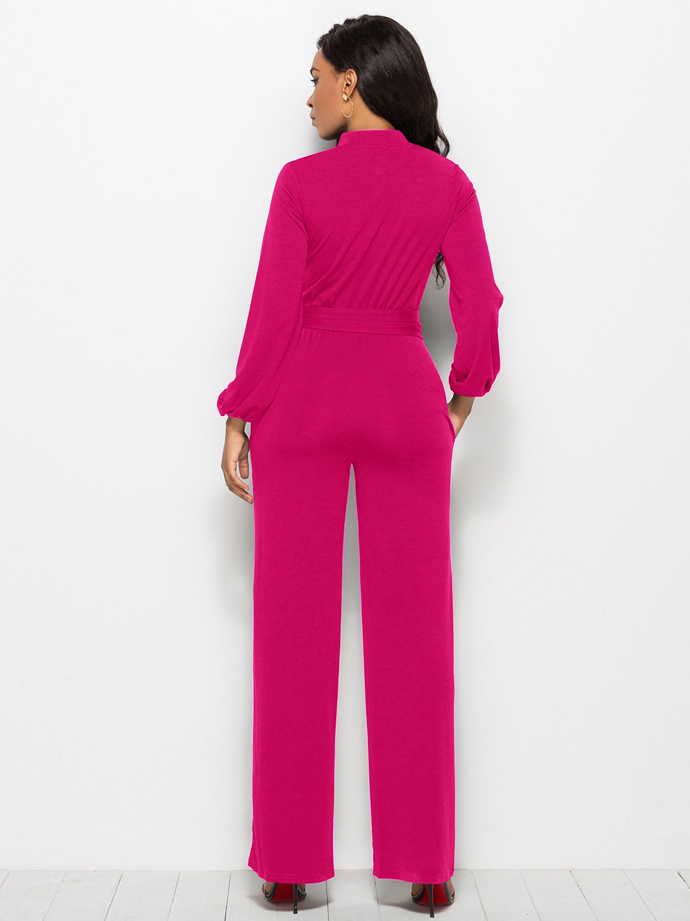 Pink Plain Belted Jumpsuit
