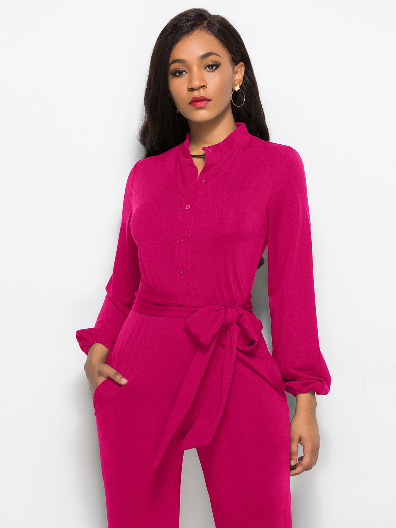 Pink Plain Belted Jumpsuit