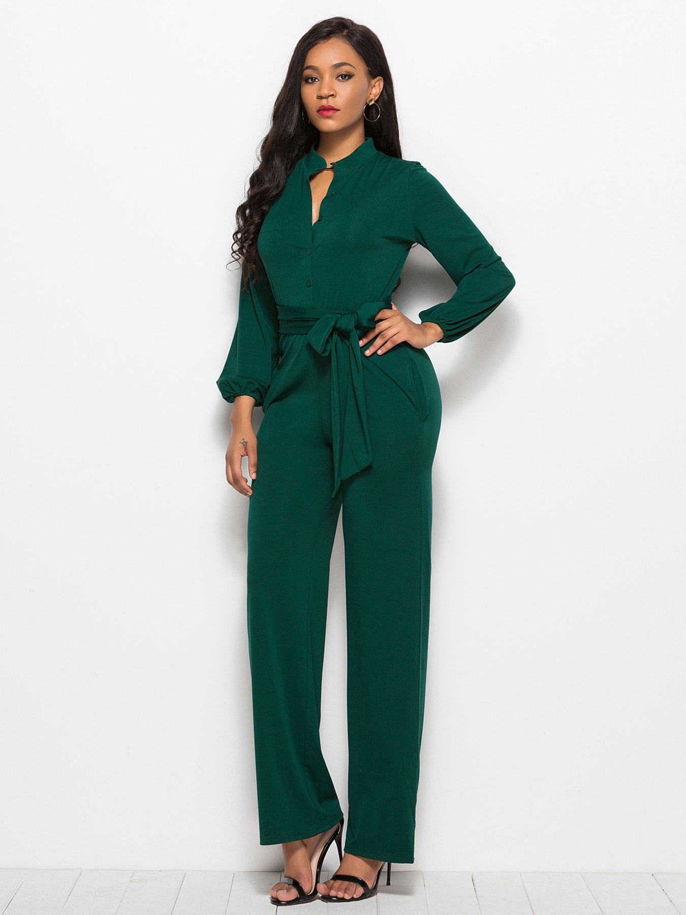 Dark Green Plain Jumpsuit with Belt