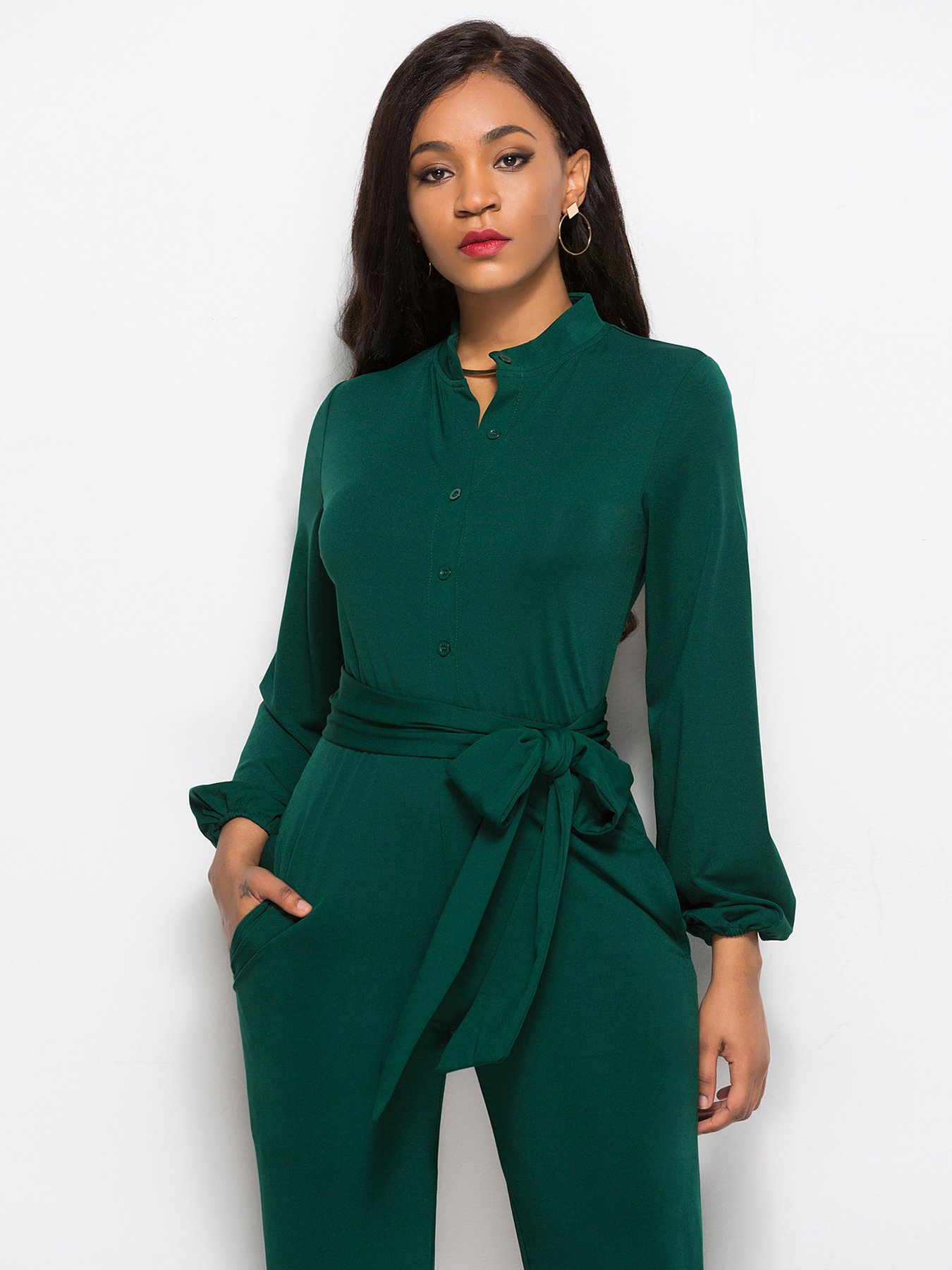 Dark Green Plain Jumpsuit with Belt