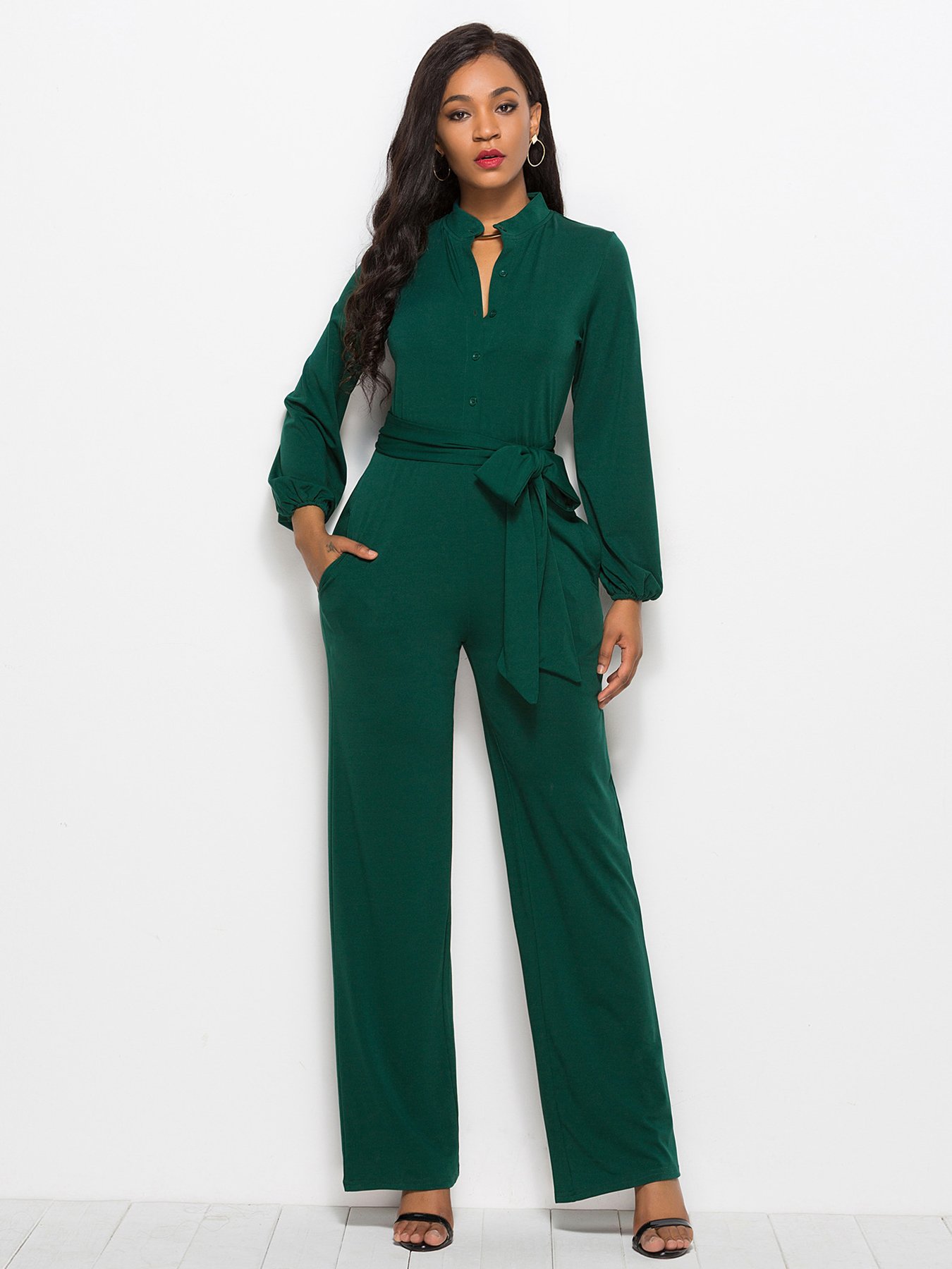 Dark Green Plain Jumpsuit with Belt