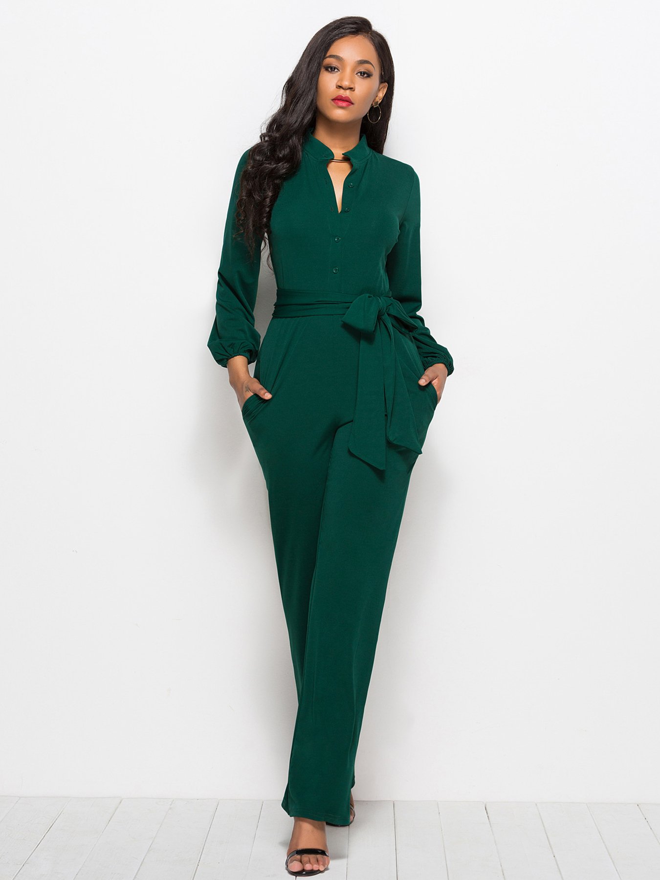 Dark Green Plain Jumpsuit with Belt